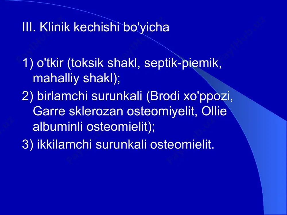 klinik kechishiga ko'ra: 1) gematogen. a) o'tkir (toksik shakl, septikopyemik, mahalliy); b) birlamchi surunkali, atipik. v) ikkilamchi surunkali; 2). gematogen bo'lmagan: a) o'tkir, b) surunkali. osteomielitning tasnifi osteomielit patogenezida etakchi bo'g'in vazospazm natijasida periferik qon aylanishining fiziologik mexanizmlarining sezilarli darajada buzilishi, arterial qon aylanishning kamayishi va buning natijasida kompensatsion arteriovenoz shunt hisoblanadi. patogenez sekvestrlarda antibakterial dorilarning bakteritsid kontsentratsiyasiga erishishning iloji yo'qligi, piogen o'choqlarda qon aylanishining etarli emasligi tufayli an'anaviy antimikrobiyal terapiya samarasiz bo'ladi.sekvestrlarda o'sadigan patogen flora surunkali yiringli yallig'lanishni doimiy ravishda ushlab turadi yoki relapslarni keltirib chiqaradi va shu bilan birga vaqt o'tgandan keyin ham takrorlanmaydi. hatto o'z-o'zini davolash tendentsiyasiga imkon beradi. patogenez o'tkir gematogen osteomielit (o’go) - bu barcha suyak elementlari va paraosseoz to'qimalarning yallig'lanishi, bu jarayonning mumkin bo'lgan umumlashtirilishi suyakka yuqumli agentlarning endogen kiritilishi natijasida. o'tkir gematogen osteomielit bolalarda suyaklarning qon bilan ta'minlanishining anatomik va fiziologik xususiyatlari (bolalar quvurli suyaklarda boy qon aylanish tarmog'iga ega; epifiz va diafiz …