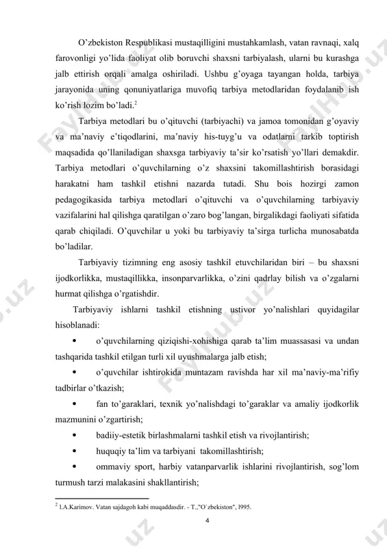 h va o’zgalarni hurmat qilishga o’rgatishdir. tarbiyaviy ishlarni tashkil etishning ustivor yo’nalishlari quyidagilar hisoblanadi: · o’quvchilarning qiziqishi-xohishiga qarab ta’lim muassasasi va undan tashqarida tashkil etilgan turli xil uyushmalarga jalb etish; · o’quvchilar ishtirokida muntazam ravishda har xil ma’naviy-ma’rifiy tadbirlar o’tkazish; · fan to’garaklari, texnik yo’nalishdagi to’garaklar va amaliy ijodkorlik mazmunini o’zgartirish; · badiiy-estetik birlashmalarni tashkil etish va rivojlantirish; · huquqiy ta’lim va tarbiyani takomillashtirish; · ommaviy sport, harbiy vatanparvarlik ishlarini rivojlantirish, sog’lom turmush tarzi malakasini shakllantirish; bizning nazarimizda ta’lim muassasalarida xilma-xil tadbirlarni tashkil etish (usullari ham) va o’tkazishning umumiy tamoyillari quyidagilar hisoblanadi: ma’naviy-axloqiy yo’nalganlik; umummadaniy mazmun; mantiqiy yakunlanganlik, tadbirlarning yaxlitligi va g’oyaga bo’ysunganligi; hissiy rang-baranglik; bilish va yaratuvchilik asoslarining birligi; ishtirokchilarning umumiy madaniyatini oshirishni ta’minlash; tadbirda ishtirok etishning ommaviyligi, ya’ni unga ta’lim muassasasining barcha o’quvchi-yoshlarni jalb etishga harakat qilishi lozim.[footnoteref:3] [3: a.jo`raev. tarbiyaviy darslarni o`tish. -t., "o`qituvchi",l994. ] yuqoridagi fikrlardan kelib chiqqan qolda kurs ish mavzusini «sinfdan tashqari tarbiyaviy ishlarning …