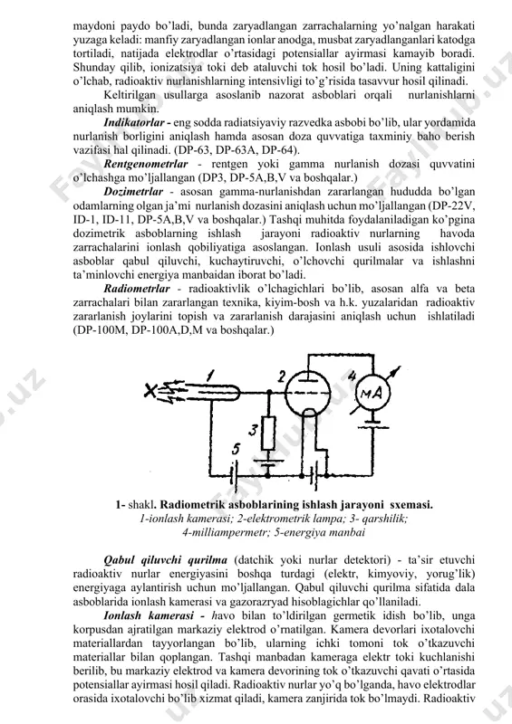 inshootlari hisoblanadi. ular gamma nurlarini turli darajada susaytiradi. eng ishonchli himoya inshooti - bu qo’rg’oshindan, temirdan, temir-betondan qurilgan boshponalardir. yuqorida keltirilgan fikrlarga asoslanib, ma’lum bo’ldiki, zamonaviy qirg’in vositalaridan foydalanilganda ajraladigan nurlanishlarni barcha turlari inson organizmiga jiddiy ta’sir ko’rsatib hattoki insonni o’limiga olib keladi. zamonaviy qirg’in vositalaridan muhofazani tashkil qilishda raqib tomonidan u yoki bu qurolni qo’llash ehtimolini aniq bilish zarur. har bir shikastlovchi omildan esa maqsadga muvofiq keladigan usullarni, vositalar va muhofazalanish bo’yicha harakatlarni qidirib topish kerak. jumladan qurollardan foydalanish oqibatida ajralayotgan nurlarni aniqlash zarur, chunki radioaktiv nurlanishlar hidga ham, rangga ham ega emas. shuning uchun ularni faqat maxsus asboblar yordamida quyidagi usullar orqali aniqlash mumkin, ya’ni radioaktiv nurlanishlarni aniqlashning bir necha usullari mavjud. fotografik usul - fotoemulsiyaning qorayishi darajasining o’zgarishiga asoslangan. agar fotoplyonka yorug’lik o’tmaydigan kameraga joylashtirilib, gamma-nurlar ta’siriga uchratilsa, fotoplyonka qorayadi. qorayish zichligi nurlanish dozasiga bog’liq. qorayish zichligini etalon bilan solishtirib plyonka olgan nurlanish dozasini aniqlash mumkin. shaxsiy …