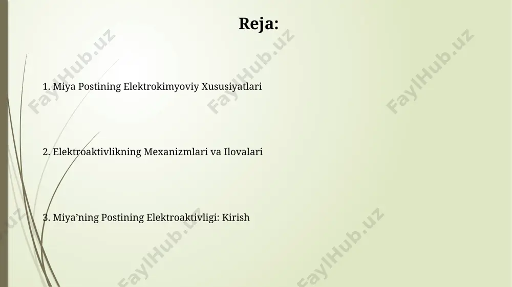 ng qo'llanilishi eeg tekshiruvi miya to'lqinlarining alfa, beta, teta va delta diapazonlarini aniqlab, epilepsiya, uyqu buzilishi, bosh miyaga tegishli shikastlanishlar kabi nevrologik kasalliklarni tashxislashda qo'llaniladi. eeg yordamida miya faoliyatidagi o'zgarishlarni 1 millisekundgacha aniqlikda kuzatish mumkin, bu esa miya jarayonlarining dinamikasini tahlil qilish imkonini beradi va davolash samaradorligini baholashda muhim ahamiyatga ega. miya postlarining elektroaktivligiga ta'sir etuvchi omillar neyrotransmiterlarning, masalan, glutamat yoki gaba kabi, konsentratsiyasi va ularning retseptorlarga bog'lanish samaradorligi miya postlarining elektroaktivligiga sezilarli ta’sir ko'rsatadi, bu potentsial farqni 5-15 mv ga o'zgartirishi mumkin. miya to'qimalarining kislorod bilan ta’minlanishi (oksigenatsiya darajasi) va ion kanallarining faoliyati (masalan, natriy, kaliy kanallari) elektroaktivlikka ta’sir qilib, hujayra membranasining potensialini 10-20 mv ga o'zgartirishi mumkin. elektrokimyoviy jarayonlarning asosiy tushunchalari elektrokimyoviy jarayonlar potensiallar farqi (masalan, 1,5 v) tufayli sodir boʻladi va elektronlarning anoddan katodga oʻtishi bilan tavsiflanadi, bu esa oksidlanish-qaytarilish reaksiyalariga olib keladi. faraday qonunlari elektroliz jarayonida ajralib chiqadigan modda miqdorining oʻtgan elektr zaryadiga (kulon) toʻgʻridan-toʻgʻri proportsional …