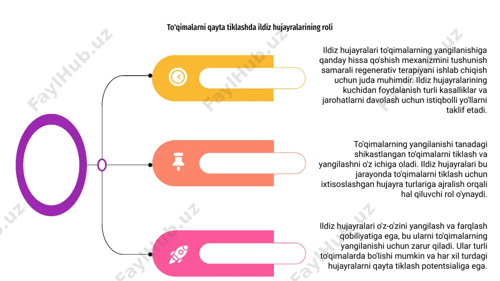nizmlarni o'z ichiga olgan murakkab jarayondir. ushbu mexanizmlarni tushunish to'qimalarni qayta tiklash bo'yicha tadqiqotlarni rivojlantirish uchun juda muhimdir. 01 to'qimalarning regeneratsiyasini tadqiq qilishdagi qiyinchiliklar regeneratsiyani rag'batlantiradigan yoki inhibe qiluvchi omillarni aniqlash, immunologik to'siqlarni bartaraf etish va yangi to'qimalarni mavjud tuzilmalar bilan integratsiyalashuvini kuchaytirishni o'z ichiga oladi. 02 ushbu muammolarni hal qilish fanlararo hamkorlikni, innovatsion texnologiyalarni va signalizatsiya yo'llari va to'qimalarning yangilanishida ishtirok etadigan hujayrali o'zaro ta'sirlarni chuqur tushunishni talab qiladi. to'qimalarni qayta tiklash bo'yicha kelajak yo'nalishlari to'qimalarning yangilanishi ko'plab kasalliklarni davolash uchun va'da beradi. ushbu sohadagi kelajakdagi yo'nalishlar aniq tibbiyot va shaxsiylashtirilgan terapiyaga qaratilgan. ildiz hujayralarini tadqiq qilish va to'qima muhandisligi sohasidagi yutuqlar shikastlangan to'qimalarni qayta tiklashga umid beradi. bioaktiv moddalar va o'sish omillari regeneratsiya potentsialini oshiradi. to'qimalarni qayta tiklashda 3d bosib chiqarish va biomateriallar kabi texnologiyalarning integratsiyasi bemorning natijalarini yaxshilash uchun yangi imkoniyatlar ochadi. fanlar o'rtasidagi hamkorlik ushbu rivojlanayotgan sohada innovatsiyalarni keltirib chiqaradi. mikromuhitning to'qimalarning yangilanishiga ta'siri to'qimalarning yangilanishi …