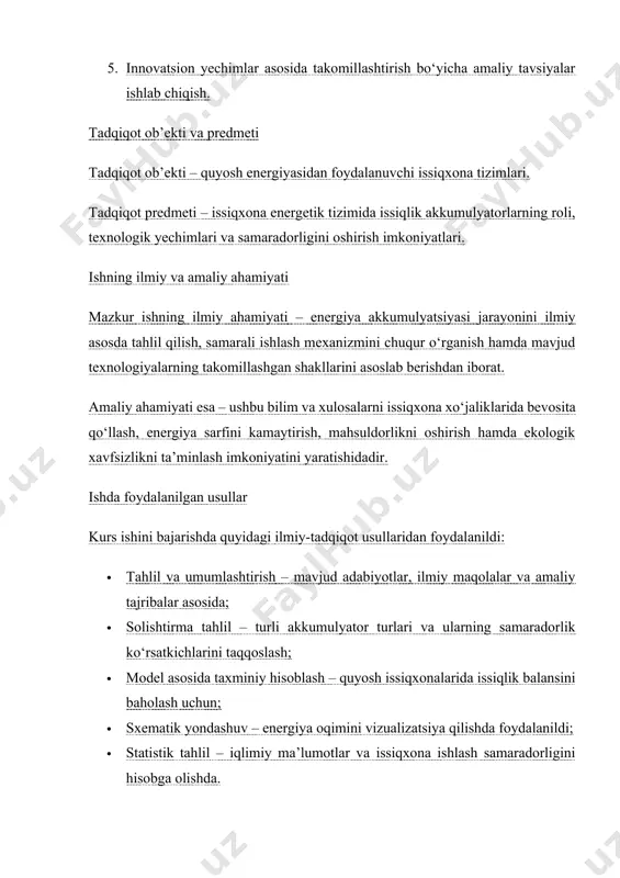 yatini yaratishidadir. ishda foydalanilgan usullar kurs ishini bajarishda quyidagi ilmiy-tadqiqot usullaridan foydalanildi: · tahlil va umumlashtirish – mavjud adabiyotlar, ilmiy maqolalar va amaliy tajribalar asosida; · solishtirma tahlil – turli akkumulyator turlari va ularning samaradorlik ko‘rsatkichlarini taqqoslash; · model asosida taxminiy hisoblash – quyosh issiqxonalarida issiqlik balansini baholash uchun; · sxematik yondashuv – energiya oqimini vizualizatsiya qilishda foydalanildi; · statistik tahlil – iqlimiy ma’lumotlar va issiqxona ishlash samaradorligini hisobga olishda. i bob. quyosh issiqxonalari va ularning energetik tizimlari haqida umumiy ma’lumotlar 1.1. quyosh issiqxonalari tushunchasi, turlari va ularning konstruksion xususiyatlari quyosh issiqxonalari – bu quyosh nurlanishining tabiiy energiyasidan foydalanib, ichki mikroiqlimni me’yorda ushlab turuvchi yopiq konstruksiyalardir. ular asosan qishloq xo‘jaligi mahsulotlarini yil davomida yetishtirish, ko‘chatlar parvarishi va ekinlar vegetatsiya davrini uzaytirish maqsadida qo‘llaniladi. an’anaviy issiqxonalardan farqli ravishda, quyosh issiqxonalari tashqi energiya manbalariga kamroq ehtiyoj sezadi yoki butunlay muqobil energiya manbalari hisobiga ishlashi mumkin. quyosh issiqxonalari konstruktsiyasi ularning asosiy funksiyasiga bevosita …