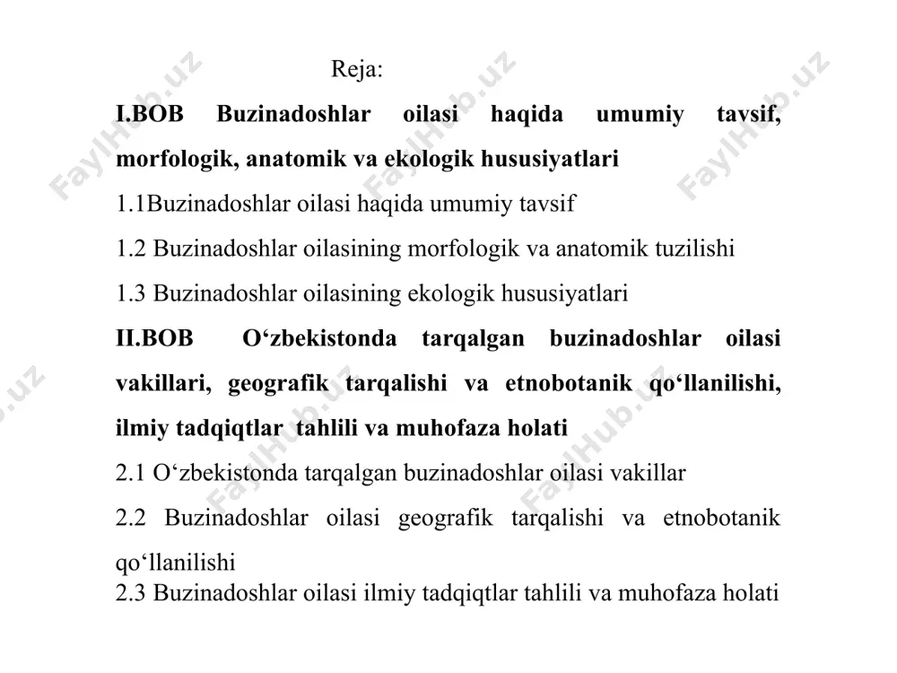 qoramtir yoki qizil rangda bo'lishi, bu o'simliklarni landshaft dizaynida va bog'dorchilikda foydalanishga mos qiladi. ayniqsa, buzina gullari va mevalari o'zining estetik qiymati bilan mashhurdir. ularning go'zalligi va rang-barangligi bog'larda, parklar va tabiiy manzaralarda juda keng qo'llaniladi. 1.2 buzinadoshlar oilasining morfologik va anatomik tuzilishi buzinadosh o'simliklarining morfologik tuzilmasi turlicha bo'lishi mumkin, lekin ba'zi asosiy xususiyatlar o'zaro o'xshash. barglar: buzinadosh o'simliklarining barglari odatda oddiy yoki tishli bo'lib, ularning shakli uzunchoq, elliptik yoki yumaloq bo'lishi mumkin. ularning yuzasi ko'pincha qattiq yoki nisbatan yumshoq, va ular ko'plab venalari bilan ajralib turadi. barglarning joylashuvi almashinuv tarzda bo'ladi, ya'ni har bir tugunning ustida bir dona barg bo'ladi. gullar: buzina va viburnum turlarining gullari ko'plab kichik gullardan iborat bo'lib, ular to'plangan holda shakllanadi. odatda, gullar oq yoki pushti rangda bo'ladi va ular yirik sariq changchalar bilan ajralib turadi. buzinadosh o'simliklarining gullari asosan polinatorlarni jalb qilish uchun mo'ljallangan bo'lib, ular xushbo'y hid taratadi. gullar o'zaro biriktirilgan kichik butalar …
