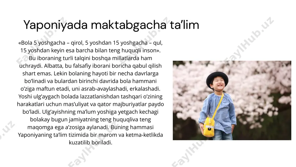 asiga uch yoshdan bersa boʼladi, yoki koʼpincha bolani 4 yoshdan beriladi. maktabgacha oʼqitish muddati 3 yil davom etib soʼngra bola boshlangʼich maktabga qabul qilinadi. bolalar yaslisiga (bolaga qarash markazi) bolani uch oyligidan berish mumkin, lekin bunday xolat yaponlar orasida keng tarqalgan emas, chunki bunday yoshda bolani yasliga joylashtirish uchun onada juda jiddiy sabab boʼlishi kerak. shuningdek bunday ayol jamiyat tomonidan yaxshi ona deb baholanmaydi. atrofdagilarning fikri esa yaponlar uchun eng asosiy deb hisoblanadi. yaponiyada bolalar yaslisiga faqat ota-onasi ishlaydigan bolalar qabul qilinadi. buning uchun munitsipalitetga ota-ona ish joidan maʼlumotnoma va oilada boshqa bolaga qarab turuvchi oila aʼzosi yoʼqligi haqida hujjatlar taqdim etiladi. bolalar yaslilari bolalarga qarab turish faoliyati bilan shugʼullanadilar va u yerda taʼlim berish dasturlari nazarda tutilmaydi hamda ular taʼlim, madaniyat, sport, fan va texnologiyalar vazirligiga emas balki sogʼliqni saqlash, mehnat va farovonlik vazirligiga boʼynsunadilar. bolani maktabgacha tarbiya muassasiga joylashtirish masalasini, qanday tashkilot (davlatga qarashli yoki hususiy) boʼlishidan qatʼiy …