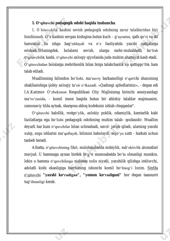 an tashqari chiqmaslik, shaxsiyatga tegadigan iboralar ishlatmaslik, qo‘pol va dag‘al so‘zlar qo‘llamaslik; hissiy, aqliy bilish jarayonida muayyyan me’yorlarga asoslanish, manmanlikni namoyish etmaslik; o‘quvchilar va o‘kituvchilar jamoalari bilan, ota-onalar hamda notanish kishilar bilan munosabatga kirishishda rasmiy, qat’iy ishbilarmonlik uslublariga asoslanish va hokazo. o‘qituvchi - ziyolilar ichida ma’naviy dunyosi muayyan darajasi bilan tafovutlanib, ko‘rsatkichi bo‘yicha ancha yuksaklikka ega inson. uning bu darajaga erishishi manbalari - o‘qituvchining kundalik, ijodiy izlanish faoliyatining ko‘rinishidan, ijtimoiy status va. rolni qat’iy ijro etishdan iborat. o‘qituvchining kasbiy mahoratidan tashqari, uning siyosiy, iqtisodiy, tarixiy bilimlarga ega bo‘lishidek zaruriyati, ehtiyoji, imkoniyati alohida ahamiyat kasb etadi. 2. pedagogik nazokat o‘qituvchiga muloqotni ijobiy hissiyotlar asosida qurishga, bolalar bilan psixologik kontaktni saqlashga yordam beradi. o‘qituvchi pedagogik nazokat talablariga amal qilib o‘zida muloqotning demokratik uslubini shakllantiradi, o‘quvchilar bilan haqiqiy muloqot madaniyatiga erishadi. pedagogik nazokat o‘qituvchiga bolalar bilan muloqotda konflikt (qarama - qarshilik)dan qochishga, o‘zaro munosabatni to‘g‘ri kurishga yordam beradi. takt so‘zi ta’sir etish ma’nosini …