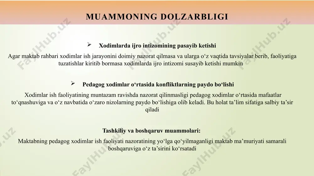 gi t/r amaldagi holat (o‘zbekistonda) amaldagi holat (xorijda) taklif hamkasblar yordami va baholash tizimi. bizning maktablarda bu tizim to‘liq amaliyotga joriy etilmagan aqshda tajribali o‘qituvchilar tomonidan yangi yoki past natijalar ko‘rsatgan o‘qituvchilarga maslahatlar beriladi va ularning faoliyati baholanadi. baholash natijalari asosida o‘qituvchilarga individual rivojlanish dasturlari taklif etiladi. mentorlik va hamkasblar yordam tizimlarini rivojlantirish orqali yangi o‘qituvchilarni qo‘llab-quvvatlash. 2. maktabda xodimlar o‘zaro hamkorlik rejalari mavjud emas. metod birlashmalarning vazifalariga fan o‘qituvchilari faoliyatini doimiy nazorat qilish kiritilmagan yaponiyada o‘qituvchilar birgalikda dars rejasini tuzish, darsni kuzatish va muhokama qilish orqali o‘zlarining pedagogik amaliyotini rivojlantiradilar. har bir o‘qituvchi uchun shaxsiy rivojlanish rejalari tuzilib, ularning bajarilishi muntazam ravishda nazorat qilinadi. o‘qituvchilarni o‘zaro tajriba almashish va hamkorlikda ishlashini rag‘batlantirish. o‘quvchilarning natijalari va pedagogik yondashuvlarni baholash mezonlarini ishlab chiqish. metod birlashmalarning vazifalariga fan o‘qituvchilarini doimiy nazorat qilish funksiysini kiritish 3. o‘zbekistonda o‘zini baholash tizimi imkoniyatlaridan to‘liq foydalanilmayapti. avstraliyada o‘qituvchilar uchun umumiy professional standartlar belgilangan, ular bo‘yicha muntazam …