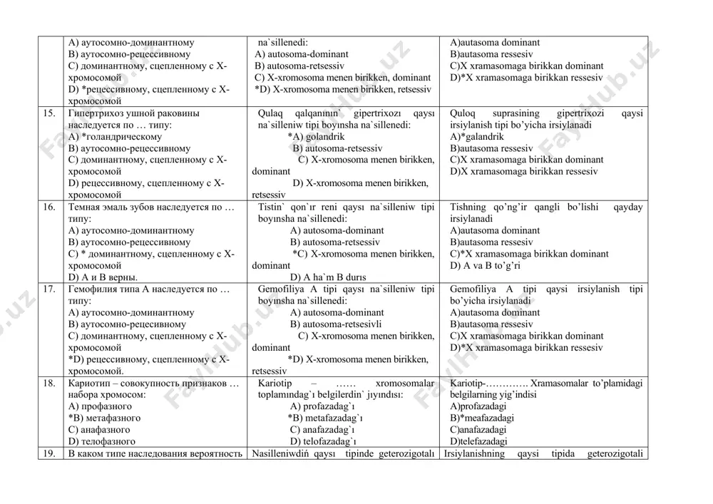 ивному c) доминантному, сцепленному с х- хромосомой d) рецессивному, сцепленному с х- хромосомой braxidaktiliya qaysı na`silleniw tipi boyınsha na`sillenedi: *a) autosoma-dominant b) autosoma-retsessiv c) x-xromosoma menen birikken, dominant d) x-xromosoma menen birikken, retsessiv braxidakiliya qaysi irsiylanish tipi bo’yicha irsiylanadi a)*autasoma dominant b)autasoma ressesiv c)x xramasomaga birikkan dominant d)x xramasomaga birikkan ressesiv 12. д- резистентный рахит наследуется по … типу: а) аутосомно-доминантному b) аутосомно-рецессивному c) *доминантному, сцепленному с х- хромосомой d) рецессивному, сцепленному с х- хромосомой d- rezistentli raxit qaysı na`silleniw tipi boyınsha na`sillenedi: a) autosoma-dominant b) autosoma-retsessiv *c) x-xromosoma menen birikken, dominant d) x-xromosoma menen birikken, retsessiv d-rezistentli raxit qaysi irsiylanish tipi bo’yicha irsiylanadi a)autasoma dominant b)autasoma ressesiv c)*x xramasomaga birikkan dominant d)x xramasomaga birikkan ressesiv 13. дальтонизм наследуется по … типу: а) аутосомно-доминантному b) аутосомно-рецессивному c) доминантному, сцепленному с х- хромосомой d) *рецессивному, сцепленному с х- хромосомой dal`tonizm qaysı na`silleniw tipi boyınsha na`sillenedi: a) autosoma-dominant b) autosoma-retsessiv c) x-xromosoma …