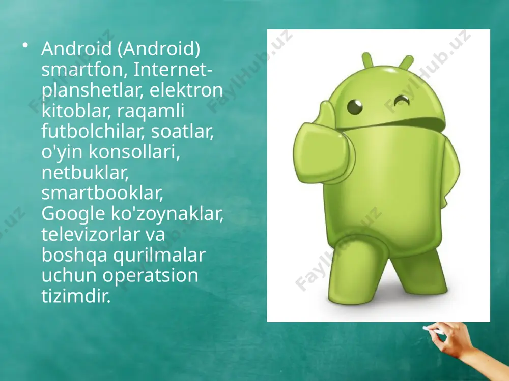 n va planshetlarga qo'shimcha ravishda, android operatsion tizimi boshqa qurilmalarga o'rnatilgan. shunday qilib, 2009 yil oxirida androidda ishlaydigan birinchi foto ramkalar sotuvga chiqarildi. 2011-yil iyun oyida italiyaning blue sky kompaniyasi android operatsion tizimida ishlaydigan "watch watch" aqlli soatini e'lon qildi. 2012-yil avgustda nikon dunyodagi birinchi kamerani taqdim etdi, u android-da ishlaydi. google nexus seriyasida nafaqat smartfon va planshet, balki android va nexus player-da ishlaydigan nexus q media pleer ham mavjud. 2012-yil oktabr oyida kompaniyaning ijrochi direktori larri peyx 500 milliondan ortiq android-smartfon va planshetlarni ishga tushirganligini e'lon qildi. bundan tashqari, ushbu operatsion tizimga asosan 1,3 million qurilmalar har kuni faollashtirilganini aytdi. 2013 yilning sentyabr oyi boshida dunyoda bir milliarddan ziyod android qurilmasi ishga tushirildi. 2015-yil 29-sentabr kuni google bosh direktori sundar pichay android qurilmalari foydalanuvchilari soni 1,4 milliarddan oshganini ta'kidladi. android operatsion tizimiga oid dasturlar - dalvik virtual mashinasi uchun standart bo'lmagan bayt kodi dasturlari, ular uchun o'rnatish paketlari formati …