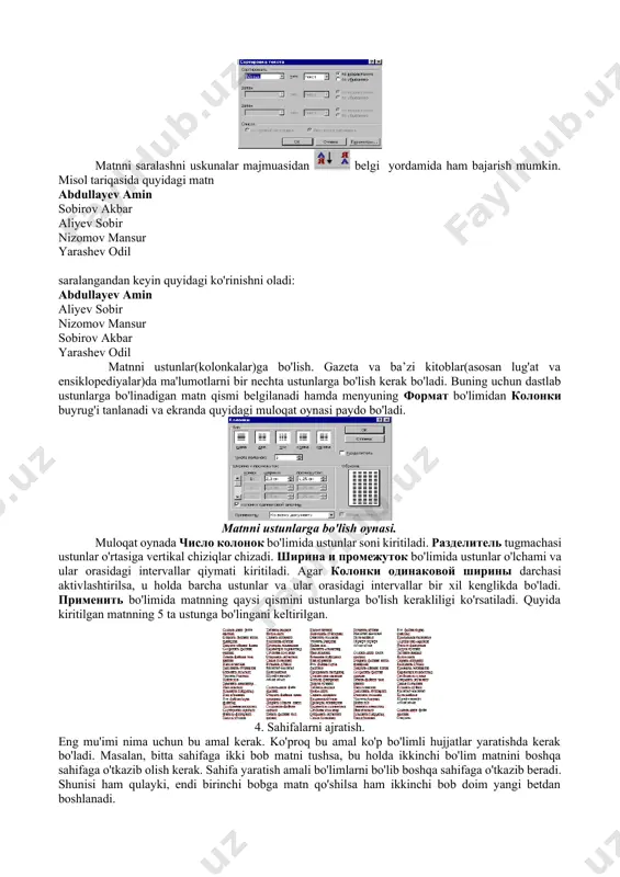 buyicha ·  saxifadagi xolati ·  birinchi satrga kuyilishi ·  satrlar urtasidagi joy ·  abzatslar urtasidagi oralik abzatsni formatlash – uning parametrlarini berish yoki o’zgartirishdir. matnni terish vaqtida yoki uni tugatgandan so’ng bevosita abzatsni formatlash mumkin. abzatsni formatlash «formatirovanie» uskunalar oynasidan foydalanib yeki “format” menyusining “abzats” buyrugidan foydalanib bajariladi. bu oynaga tez kirish kontekst menyu yordamida amalga oshiriladi. “abzats” muloqot oynasining “otstup” maydonida matnning ung va chap chegarasiga boglik abzats kuyish mumkin. ochiladigan “pervaya stroka” ro’yxati birinchi satr boshiga abzatsning chap chegarasini o’rnatadi. “otstupa” va “vistupa” ko’rinishida formatlaydi. ”interval” maydonida formatlangan abzatslar yoki unga qo’shni abzats o’rtasidagi masofani o’rnatish mumkin. buning uchun “pered” va “posle” schetchiklari ishlatiladi. “mejstrochniy“ ro’yxati abzatsning satrlari urtasidagi masofani o’rnatishga imkon beradi. ochiladigan “viravnivanie” ro’yxatidagi to’rtta variantdan birtasini tanlash mumkin: · po shirine (kenglik buyicha) · po levomu krayu (chap tomondan) · po pravomu krayu (ung tomondan) · po tsentru (markazdan) matnli mahlumotlarni …