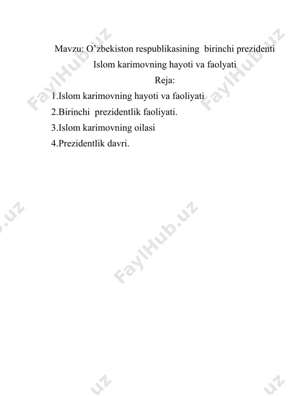 arimovning porloq xotirasi hamisha qalblarimizda yashaydi. tarjimai hol islom abdug‘aniyevich karimov 1938 yil 30 yanvarda samarqand shahrida, xizmatchi oilasida tug‘ilgan. malumoti - oliy. o‘rta osiyo politexnika va toshkent xalq xo‘jaligi institutlarini tugatgan. muhandis-mexanik va iqtisodchi mutaxassisliklariga ega. iqtisod fanlari nomzodi. mehnat faoliyatini 1960 yilda toshkent qishloq xo‘jalik mashinasozligi zavodida boshlagan. 1961 yildan 1966 yilgacha v.p.chkalov nomidagi toshkent aviatsiya ishlab chiqarish birlashmasida muhandis, yetakchi muhandis-konstruktor bo‘lib ishladi. 1966 yilda o‘zbekiston ssr davlat plan komitetiga ishga o‘tib, bosh mutaxassislikdan respublika davlat plan komiteti raisining birinchi o‘rinbosarigacha bo‘lgan yo‘lni bosib o‘tdi. 1983 yilda i.karimov o‘zbekiston ssr moliya vaziri, 1986 yilda o‘zbekiston ssr vazirlar kengashi raisining o‘rinbosari, respublika davlat plan qo‘mitasining raisi etib tayinlandi. 1986-1989 yillar mobaynida qashqadaryo viloyat partiya qo‘mitasining birinchi kotibi, 1989 yilning iyunidan boshlab o‘zbekiston kompartiyasi markaziy qo‘mitasining birinchi kotibi lavozimlarida ishladi. 1990 yil 24 mart kuni o‘zbekiston ssr oliy kengashining sessiyasida i.karimov o‘zbekiston ssr prezidenti etib saylandi. 1991 yil 31 …