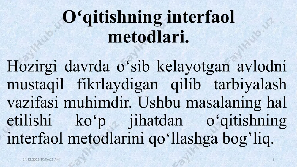 soʻng sxemaning chap tomonini toʻldirish lozim. unda besh minut davomida oʻquvchilar mavzuga oid nechta kategoriya oʻylab topishgan boʻlsa, shuncha kategoriya koʻrsatiladi. keyingi besh minutda oʻquvchilar sxemaning oʻng tomonini toʻldiradilar. va nihoyat, yana besh minut mobaynida oʻquvchilar oʻzlarining t-sxemalarini boshqa juftlik yoki kichik guruhning t- sxemasi bilan taqqoslash imkoniga ega boʻladilar. tarafdor muammo qarshi 01.02.2022 12:30:12 10 fsmu texnologiyasi. ushbu texnologiya munozarali masalalarni hal etishda, bahs-munozaralar oʻtkazishda yoki oʻquv-seminari yakunida (oʻquvchilarning oʻquv mashg’ulotlari hamda mavzular, muammolarga nisbatan fikrlarini bilish maqsadida) yoki oʻquv rejasi asosida biror-bir boʻlim oʻrganilgach qoʻllanilishi mumkin. bu texnologiya oʻquvchilarni oʻz fikrini himoya qilishga, erkin fikrlash va ochiq holda bahslashishga, shu bilan bir qatorda oʻquvchilar tomonidan oʻquv jarayonida egallangan bilimlarini tahlil etishga va aniqlashga, baholashga hamda tinglovchilarni bahslashish madaniyatiga oʻrgatadi. 01.02.2022 12:30:12 11 f – fikringizni bayon eting. s – fikringiz bayoniga sabab koʻrsating. m – koʻrsatgan sababingizni asoslovchi misol keltiring. u – fikringizni umumlashtiring. 01.02.2022 12:30:12 12 identiv …