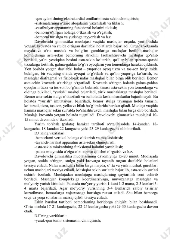 di. puls kritik darajadan minutiga 10-15 marta kam urish bilan xarakterlanadi. bo‘linib-bo‘linib beriladigan yuklama bilan chiniqtirish ancha samarali hisoblanadi, lekin shu bilan birga ancha havfli ham, chunki yuklama pulsning kritik darajasida bajariladi. shuning uchun jismoniy ish bajarish qobiliyatini shifoxonada bo‘linib-bo‘linib beriladigan yuklama bilan, shifoxonadan chiqqanidan so‘ng uzoq vaqt beriluvchi yuklama bilan shifokor nazorati ostida poliklinika yoki dispanserda oshirib borish maqsadga muvofiq bo‘ladi. shifoxonada davolanganidan keyin bemorlar reabilitatsiyani poliklinika, dispanser yoki sanator-kurortlarda o‘tadi. u yerda ularga davolovchi gimnastika muolajasi, ertalabki badan tarbiya, individual topshiriqlar, me’yorli yurish, sog‘lomlashtiruvchi yugurish, mexananoterapevtik apparatlarda, trenajer-larda mashqlar, harakatli o‘yinlar, sportga oid o‘yinlar, yaqin turizm, sayr etish tavsiya etilishi mumkin. miokardning o‘tkir infarktida djtni qo‘llash. miokardning o‘tkir infarkti miokardning qon bilan ta’minlanishining buzilishi hisobiga yuz beradigan nekrotik jarayonlarning paydo bo‘lishi bilan xarakterlanadi. u surunkali yurak ishemik kasalligidan so‘ng rivojlanadi. miokard infarktining xarakteriga va asoratiga qarab (mayda va yirik o‘chog‘li, transmural) quyidagi qarshi ko‘rsatmalar farqlanadi : -tana haroratining …