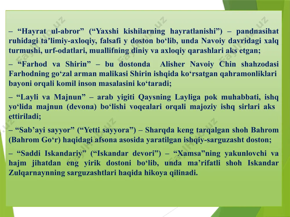 ki yillik xirojdan ozod etadi, adolat mezoni asosida ko‘plab mamlakatlarni egallaydi, hukmdorlar unga xiroj to‘lashga rozi bo‘lishadi. eron shohi doro esa bunga rozi bo‘lmaydi va xiroj mojarosi bu ikki shoh o‘rtasida ixtilofning paydo bo‘lishiga olib keladi. urush boshlanadi. doroning noiblari xiyonat qiladilar va doro yarador holda iskandar qo‘liga asir tushadi. o‘limi oldidan xiyonatkorlarni jazolash, uning qarindosh urug‘lariga ozor bermaslik va qizi ravshanakka uylanishni iskandarga vasiyat qiladi. iskandar doroning barcha vasiyatlarini ortig‘i bilan ado etadi, doroni izzat-ikrom bilan dafn qiladi. iskandar eronni egallagach, jahonni fath etishga kirishadi. doroning qoyaga o`yib ishlangan rasmi doro о‘rnini egallagan jahon podshosi sifatida ko‘plab o‘lka podsholariga xat yozib, mamlakatda adolat va osoyishtalik o‘rnatmoqchi ekanini va shunga mos holda o‘z ixtiyorlari bilan unga taslim bo‘lishlarini so‘raydi. aksariyat podsholar unga bo‘yin egib keladilar. faqat kashmir, hind va chin xoqonlarigina unga bo‘ysunishni istamaydi. iskandar ustozi arastu maslahati bilan jahongirlik yurishlarini boshlaydi. dastlab balx, moxon, marv, zobul, isfahon shaharlarini oldingidan …