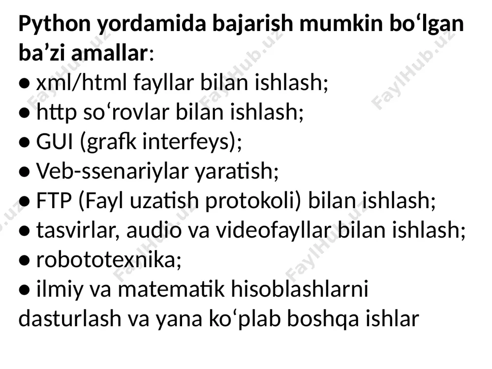 li va raqamlardan(0-9) tashkil topishi mumkin. • o'zgaruvchilar nomlashda katta va kichik registrlar farqlanadi. masalan, myname va myname – bular boshqa-boshqa o'zgaruvchi hisoblanadi • o'zgaruvchilarni to'g'ri nomlashga misollar: i, _my_name, name_23, a1b2_c3 • o'zgaruvchilarni noto'g'ri nomlashga misollar: 2things, ' ', my-name, >a1b2_c3 va “o'zgaruvchi qo'shtirnoqda" bundan tashqari o‟zgaruvchi nomi pythonda ishlatiladigan kalit so’zlar nomi bilan mos tushmasligi shart. masalan, o’zgaruvchi nomi and, as, assert, break, class, continue, def, del, elif, else, except, false, finally, for, from, global, if, import, in, is, lambda, none, nonlocal, not, or, pass, raise, return, true, try, while, with, yield kabi kalit so’zlar nomi bilan mos tushishi mumkin emas. i=5 print(i) i = i + 1 print(i) s = "'bu ko'p qatorlik satr. bu uning ikkinchi qatori."' print(s) natija: 5 6 bu ko'p qatorlik satr. bu uning ikkinchi qatori. o`zgaruvchi va konstantalarni qo`llanishiga misol: o’zgaruvchilar turi (tipi) bool (boolean) – true va false mantiqiy qiymatlar uchun; …