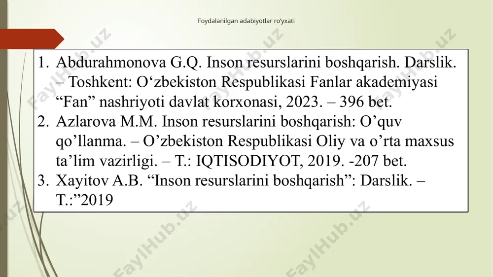 iyojlarga murojaat qilish orqali motivatsiya, ishchini harakatga undaydigan shaxsiy sabablarga yo'naltirish. motivatsiya manbai ichki ruhiy mexanizm sifatidagi ehtiyojlardir. motivatsiya ehtiyojlarga asoslanadi va uni quyidagicha tasavvur qilish mumkin: jarayon - o'zini va boshqalarni shaxsiy maqsadlarga va/yoki tashkiliy maqsadlarga erishish uchun harakat qilishga undash jarayoni istak - muhim maqsadga erishish, ehtiyojlarni qondirish uchun harakat qilish istagi natijada xodimning ish samaradorligi oshadi va buning uchun u ma'lum ishlarni bajaradi va harakat qiladi. motivatsiya jarayonini to‘rtta asosiy bosqichga ajratish mumkin: ehtiyojning paydo bo‘lishi ehtiyojlarni qondirish strategiyasini ishlab chiqish va yo‘llarini qidirish faoliyat taktikasini belgilash va harakatlarni bosqichma-bosqich amalga oshirish ehtiyojning qondirilishi va moddiy yoki ma’naviy mukofot olish yaxshiroq mehnat qilishga undovchi omillar daromard yuqori bo’lsa erishgan muvaffaqiyatni rivojlantirish imkoniyati bo’lsa ko’proq mustaqillik berilsa o’z g’oyalarini amalga oshirish imkoniyati bo’lsa mehnat ta’tili uzunroq bo’lsa ishonchliroq ish joyi bo’lsa ish vaqti kamroq bo’lsa ko’proq ta’sir ko’rsatish imkoniyati bo’lsa egiluvchan ish grafigi qiziqarli mehnat faoliyati qarilik yaxshiroq …