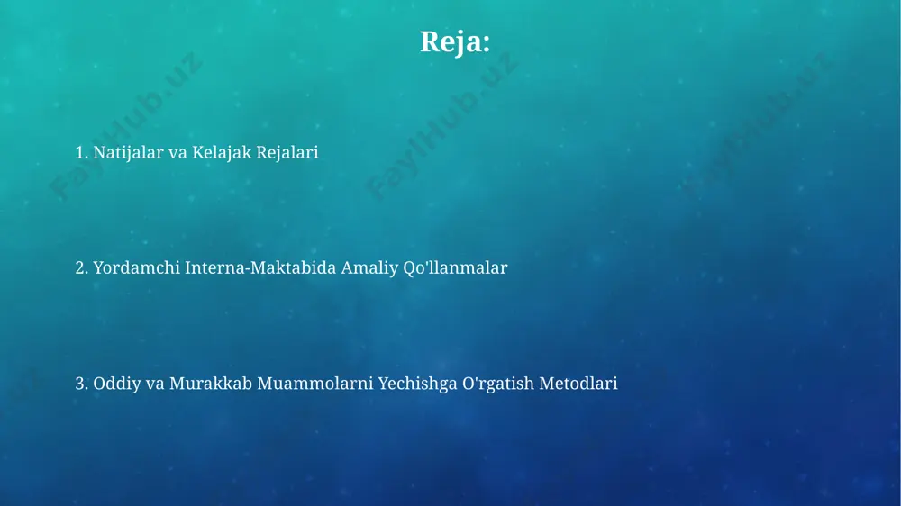 r tahlili va vizualizatsiya vositalaridan foydalanib, kamida 20 ta hayotiy vaziyatga oid muammoni sonli va sifatli usullar bilan tahlil qilish va optimum yechimlarni topish o'quvchilarga o'rgatiladi. amaliy mashqlar va o'yinlar orqali muammo yechish amaliy mashqlar orqali o‘quvchilar 5-7 ta turli muammo turini hal qilishni o‘rganadilar, bu ularning mantiqiy fikrlash qobiliyatlarini 20-30% ga oshirishga yordam beradi. o‘yinlar, masalan, “kim tezroq?” yoki “topishmoqlar”, muammo yechish jarayonini qiziqarli va raqobatbardosh qilib, o‘quvchilarning ishtiroki va samaradorligini 15-25% ga oshiradi. yutuqlar va natijalar yordamchi internat maktabida o'quvchilarning 85% i murakkab muammolarni yechishda sezilarli yutuqlarga erishdi, bu oldingi yilgi ko'rsatkichdan 15% ga yuqori. o'quvchilarning matematikadan o'rtacha ballari 72% dan 88% gacha oshdi, bu muammo yechish bo'yicha amaliy mashg'ulotlarning samaradorligini ko'rsatadi. muammo yechishda hamkorlik va jamoaviy ishlash jamoaviy muammo yechish jarayonida brainstorming texnikasini qo'llash natijasida 10 dan ortiq yangi g'oyalar paydo bo'lishi kuzatiladi. muammo yechishda 3-5 kishidan iborat guruhlarda ishlash samaradorligini 20% ga oshirishga yordam beradi, chunki …