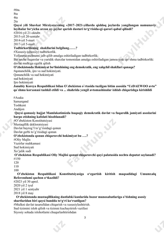 keyin, davlat va jamiyatdagi malakali kadrlarga bo‘lgan ehtiyojlar inobatga olinib, o‘zbekiston prezidenti shavkat mirziyoyev tashabbusi bilan..................ta’lim tizimi tiklandi? #sirtqi ta’lim tizimi tiklandi. masofaviy ta’lim tizimi tiklandi kunduzgi ta’lim tizimi uzaytirildi maxsus sirtqi ta’lim tizimi uzaytirildi nechinchi yilda bosh vazirning (pm.gov.uz manzilida) virtual qabulxonasi ochildi? #2016-yil sentabrda. 2015-yil avgustda 2014-yil martda 2017-yil iyulda o’zbekiston mustaqillikka erishganidan so’ng bozor iqtisodiyotiga o’tishning o’ziga xos yo’l qanaqa? #bosqichma bosqich o’tish yo’li tez hech narsaga qaramay o’tish yo’li mumtoz (klassik) o’tish yo’li oddiy o’tish yo’li «о‘zbek modeli» islom karimovning qaysi asarida asoslab berilgan? #о‘zbekiston — bozor munosabatlariga о‘tishning о‘ziga xos yо‘li о‘zbekistonning о‘z istiqlol va taraqqiyot yо‘li о‘zbekiston mustaqillikka erishish ostonasi о‘zbekistonning o’ziga xos taraqqiyot yo’li «o’zbek modeli» oliy majlisning xiv sessiyasida (1999 yil 14 aprel) nechta ustuvor yо‘nalish bilan tо‘ldirildi? #6tа. 8tа 4tа 2tа qaysi yili shavkat mirziyoyevning «2017–2021-yillarda qishloq joylarda yangilangan namunaviy loyihalar bo‘yicha arzon uy-joylar qurish dasturi to‘g‘risida»gi qarori qabul qilindi? #2016-yil …