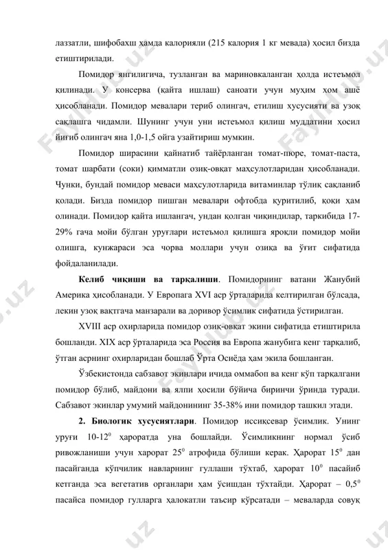ди. помидорни кўпчилик навлари ёруғлик 10-12 соат давом этадиган кунларда яхши ривожланади, лекин баъзи навлар кун узунлиги қисқарганда, айрим​лари эса аксинча бир мунча узайга яхши ўсади. помидор баргларнинг сув буғлатиш сатхи катта бўлиб, бақувват ер устки массаси ҳосил қилади, бундай массанинг вужудга келиши учун эса кўп миқдорда сув талаб қилинади. шунинг учун ҳам помидор ўсимлиги, айниқса ёппасига мева тугиш даврида тупроқ намга талаб​чан бўлади. (тупроқни дала нам сиғими 70 % бўлиши керак). бу дав​рда сув етишмаса, ўсимликнинг тугунча ва мевалари тўкила бош​лайди. шу билан бирга помидор ўсимлиги ҳаво намлиги мўътадил 45-60 % бўлишини хоҳлайди. ҳаво намлиги бундан ошиб кетса, тугунча​лар яхши уруғланмай қолади ва тўкилиб кетади ҳамда замбуруғ касал​ликлари пайдо бўлади. помидор ўсимлигининг намга бўлган талаби парваришлаш усул​ларига боғлиқ. кўчатдан етиштирилган ва илдиз системаси юзароқ та​ралган помидор ўсимлиги, бевосита уруғи экиб ўстирилган ва илдиз системаси анча чуқур жойлашган помидорга нисбатан намни кўп та​лаб қилади. помидор ўсимлигининг ўсув даври узоқ давом …