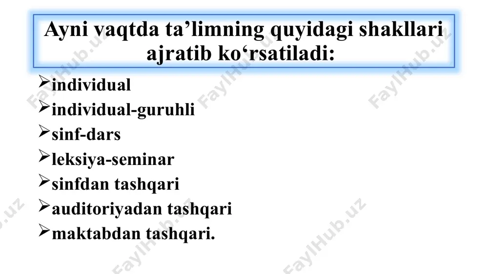 yat kasb etdi. shunga mos ravishda tanlab o‘qitish shakli yuzaga keldi (aqshda batov, yevropada mangeym tizimi). yevropa va aqshda, xx asr boshida o‘quvchilarning individual, faol, mustaqil o‘quv ishlarini ta’minlashga qaratilgan ko‘plab ta’lim tizimlarining samaradorligi sinab ko‘rilgan. 1905 yili dalton shahrida (massachusets shtati) o‘qituvchi elena park xerst tomonidan birinchi bor qo‘llanilgan ta’limning individuallashtirilgan tizimi ular orasida eng radikal hisoblangan. bu tizim dalton-reja nomi bilan pedagogika va maktab tarixiga kirdi. u ba’zan laboratoriya yoki ustaxonalar tizimi deb ham ataydilar birinchi universitetlar paydo bo‘lishi bilan ta’limning ma’ruza- seminar tizimi yuzaga kela boshlaydi. u yaratilgan paytdan beri hali deyarli hech bir katta o‘zgarishlarga ega emas. ma’ruza, seminar, amaliy va laboratoriya ishlari, konsultatsiya va tanlagan kasbi bo‘yicha amaliyot hozirgacha leksiya-seminar tizim sifatida o‘qishning asosiy shakllaridan biri bo‘lib kelmoqda. leksiya-seminar tizimi o‘zining sof ko‘rinishida oliy va oliy maktabdan keyingi ta’lim amaliyotida qo‘llaniladi. darsning turlari aralash (kombinatsion dars). yangi bilimlarni bayon qilish darsi. o‘rganilganlarini takrorlash va mustahkamlash …