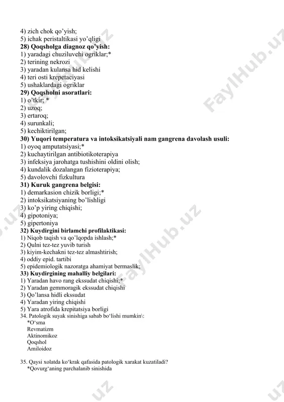 hini oldini olish; 4) kundalik dozalangan fizioterapiya; 5) davolovchi fizkultura 31) kuruk gangrena belgisi: 1) demarkasion chizik borligi;* 2) intoksikatsiyaning bo’lishligi 3) ko’p yiring chiqishi; 4) gipotoniya; 5) gipertoniya 32) kuydirgini birlamchi profilaktikasi: 1) niqob taqish va qo’lqopda ishlash;* 2) qulni tez-tez yuvib turish 3) kiyim-kechakni tez-tez almashtirish; 4) oddiy epid. tartibi 5) epidemiologik nazoratga ahamiyat bermaslik; 33) kuydirgining mahalliy belgilari: 1) yaradan havo rang ekssudat chiqishi;* 2) yaradan gemmoragik ekssudat chiqishi 3) qo’lansa hidli ekssudat 4) yaradan yiring chiqishi 5) yara atrofida krepitatsiya borligi 34. patologik suyak sinishiga sabab bo‘lishi mumkin\: *o‘sma revmatizm aktinomikoz qoqshol amiloidoz 35. qaysi xolatda ko‘krak qafasida patologik xarakat kuzatiladi? *qovurg‘aning parchalanib sinishida opka emfizemasida klapanli pnevmotoraksda yopiq pnevmotoraksda ochiq pnevmotoraksda 36. sinishning tipik simptomini ko‘rsating *krepitatsiya gematoma shish va deformatsiya maxalliy og‘riq qon ketish 37. suyak parda osti sinishi ko‘p uchraydi\: *yosh bolalarda keksalarda o‘spirinlarda o‘rta yoshlilarda hamma yoshdagilarda 38. varusli deformatsiya bu-... *burchak …