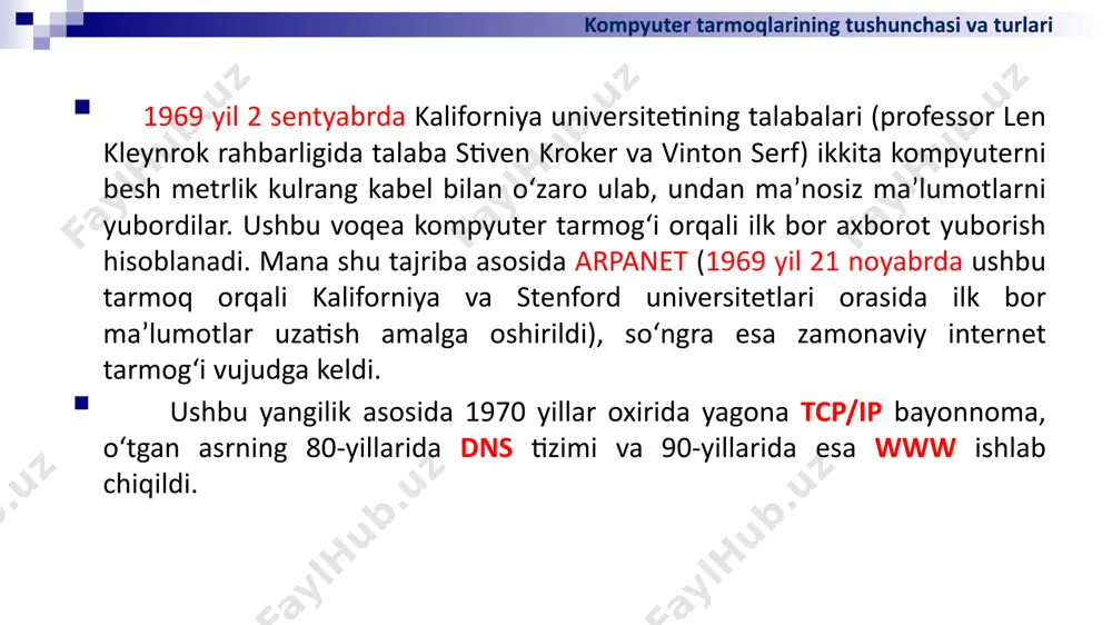 tushunchasi va uning turlari kompyuter tarmoqlarining tushunchasi va turlari axborot muhitida tezlik tushunchasi, birliklari va axborot kanallari sig‘imi maʼlum vaqt oralig‘ida aloqa muhitlari orqali uzatiladigan axborot hajmi - uning uzatilish tezligini belgilaydi. axborot kanallarining sig‘imi ular orqali maʼlum vaqt oralig‘ida uzatiladigan axborot hajmi bilan belgilanadi. bu o‘z navbatida axborot kanallarining o‘tkazish qobiliyatini anglatadi. naxborotni uzatish tezligi birliklari: ¨bit/sekund – bir soniyada aloqa muhiti orqali uzatiladigan bitlar soni; ¨kbit/sekund – bir soniyada aloqa muhiti orqali uzatiladigan minglab yaxlitlangan bitlar soni; ¨mbit/sekund – bir soniyada aloqa muhiti orqali uzatiladigan millionlab yaxlitlangan bitlar soni; ¨gbit/sekund – bir soniyada aloqa muhiti orqali uzatiladigan milliardlab yaxlitlangan bitlar soni. kompyuter tarmoqlarining tushunchasi va turlari 2) kompyuter tarmoqlarining geografik joylashishi, masshtabi hamda hajmiga muvofiq: -lan ( local-area network) lokal tarmoq (bir ofis, bino ichidagi aloqa); -can (campus-area network) - kampus tarmoq, (binolar orasidagi kompyuter tarmog‘i); -man (metropolitan-area network) katta radiusga (bir necha o‘n km) axborot uzatuvchi kengaytirilgan …