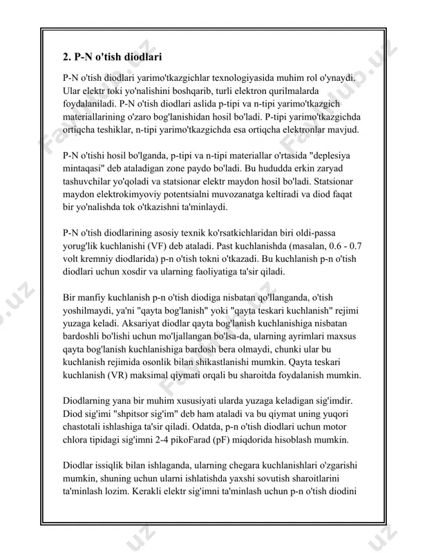 r odatda telekommunikatsiya uskunalari, maishiy elektronika, kompyuter tizimlari va kuchlanish monitoring tizimlarida uchraydi. ular aqsh, yevropa va osiyo bo'ylab sanoat miqyosida ishlab chiqariladi. 20 asrning ikkinchi yarmidan boshlab ishlab chiqarish hajmi va engillik tufayli zener diodlar elektron plaxta dizaynerlarining asosiy komponentlaridan biriga aylangan. zener diodni o'rnatish jarayonida diodning anodi va katodi muhim rol o'ynaydi. anod - bu diodning musbat uchi va katod uning manfiy uchidir. teskari polarizatsiyada zener diod katodini musbat elektr ta'minotiga ulab qo'yilganda, anod manfiyga ulanadi, natijada zener effekti yuzaga keladi. zener diodlar oqimi oshsa, ular kuchlanishni barqaror holda ushlab turishi lozim, ammo haddan tashqari yuklash ularning isishiga olib kelishi mumkin. shuning uchun, zener diodlar bilan ishlaganda ulardan oqib o'tayotgan oqim va issiqlik tarqalishiga alohida e'tibor qaratish kerak. zener diodlarning ishlab chiqarishida dopantlar yoxud chiqarilgan materiallar yordamida yarimo'tkazgich zaxarli materiallar tomonidan yaratilar, bu esa kerakli zener kuchlanishini olish imkonini beradi. ushbu texnologik jarayonlar silikon diodlar uchun odatiy hisoblanadi. …