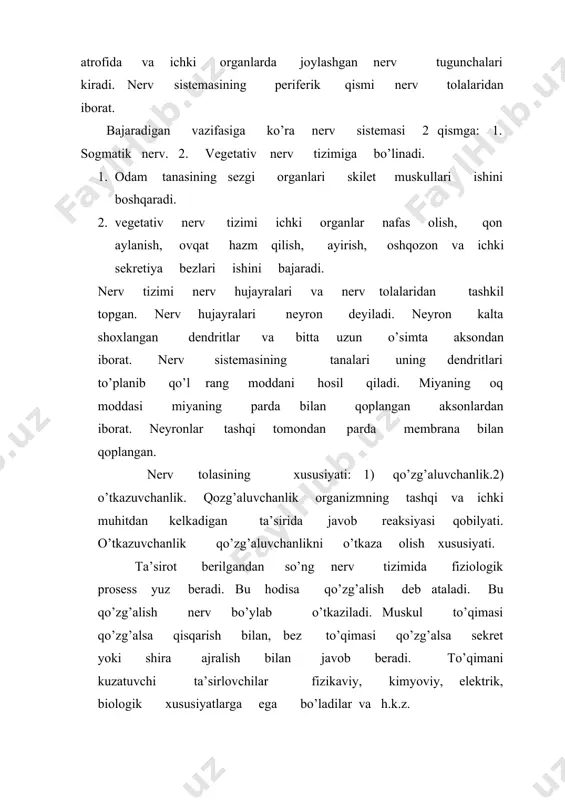 xususiyati dominata xusisiyati. buni 1923 yil u.x. tomskiy aniqlagan. bu nerv markazlarida ustun turgan qo’zg’alishdir. dominata odamning ruxiyatiga bog’liq bo’ladi. dominata- bu diqqat aktivlik demakdir. orqa miya: umrtqa kanalida birinchi bo’yin umrqasi bilan ikkinchi bel umurtqasi oralig’ida joylashgan. orqa miyaning ko’ndalang kesigida qo’kl rang modda kapalak shaklida joylashadi, atrofida oq modda bo’ladi. orqa miyada bo’yin, ko’krak, bel, dumg’aza segmentlar joylashgan. orqa miyaning har bir segmenti bir juftdan 31 juft nerv tolasi chiqadi, ular gavda, qo’l, oyoq muskullari va terini nerv bilan ta’minlaydi. orqa miya sklet muskullarini harakat refl;eksini amalga oshiradi (tirsak, tizza, panjalar reflekslari). uzunchoq miya- orqa miyaning davomi. uzunchoq miyada-nafas olish, o’sish, yutish, ter ajratish, so’lak ajratish, aksa urish, yo’talish nerv markazlari bor. miyacha- ikkita yarim shardan iborat bo’lib, muskullari qisqarish va taranglashida ishtirok etadi. o’rta miya- u tepalik plastinkasi va miya oyoqchalaridan tashkil topgan va ko’z soq qismi harakatiga keltiruvchi 4 juft sezuvchi va harakat yadrolari bo’linadi. oraliq …