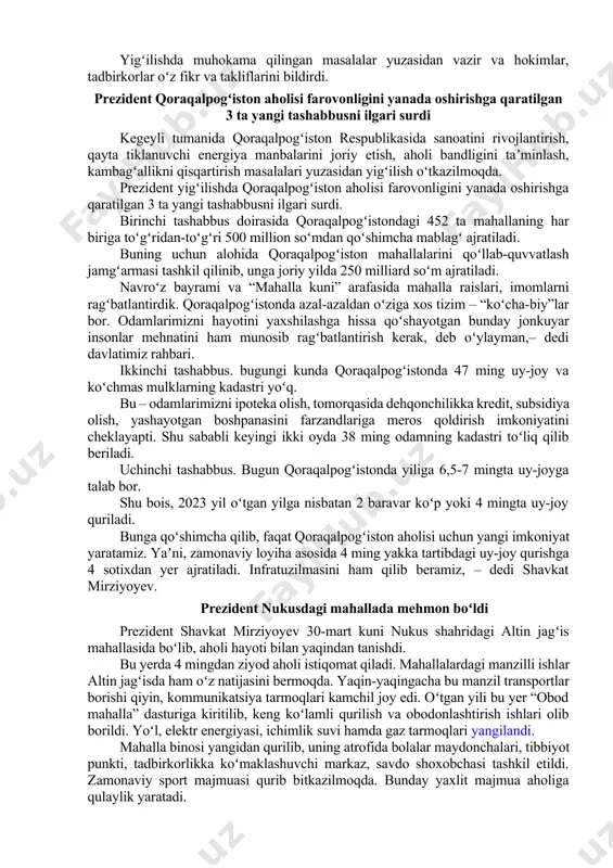uristlar buxoro va samarqandga qaraganda 2 baravar kam bormoqda. lekin, xorazmda sayyohlarni 3-4 kun olib qolish uchun barcha imkoniyat mavjud. yoki, oʻtgan yili 31 ta tuman va 143 ta mahalla turizmga ixtisoslashtirilib, ularda alohida soliq rejimi joriy qilingan edi. bu imtiyozlardan 4 mingga yaqin korxona foydalanib, tovar aylanmasi 1,5 baravar oshgan. sayyohlarni koʻproq vaqt olib qolishda yetishmayotgan narsa bu qiziqarli dasturlar va targʻibot. shu bois yigʻilishda bu borada koʻmaklashishga 11 ta oliy taʼlim muassasasi biriktirildi. ular 31 ta tuman va 143 ta turizm mahallasining tarixi, yodgorliklari va diqqatga sazovor joylari haqida maʼlumotlar majmuini yaratadi. ular asosida 12 ta tilda turistik paketlar ishlab chiqiladi. turizm va servis obyektlari ishchilari oʻqitiladi. mutasaddilarga mehmonxona, madaniyat, tabiat, etno va gastronomik markazlarni bogʻlaydigan turizm klasterlari tashkil etish, “turistlar uchun mehmondoʻst muhit sertifikati”ni joriy qilish boʻyicha topshiriqlar berildi. yurtimizda turizm dasturlari asosan aprel-may va sentyabr-oktyabr oylariga moslashgan. lekin bu mavsumni uzaytirish uchun yetarli imkoniyat bor. masalan, …