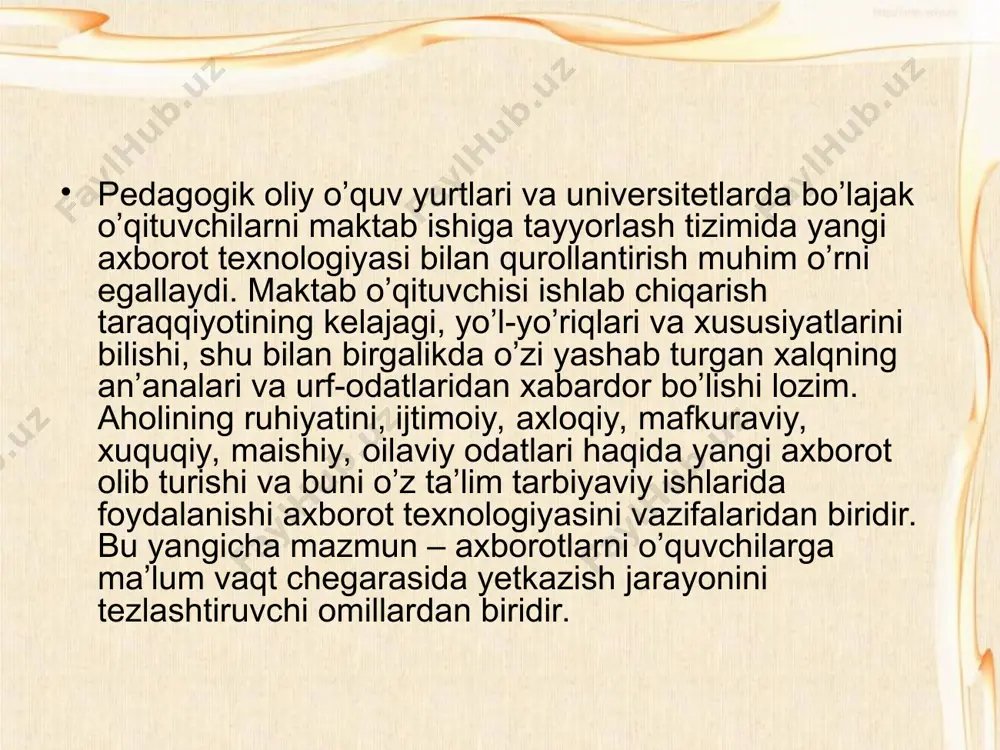 judga keltirar ekan. hozir zamonaviy mutaxassisni uning kompyuter savodxonligisiz tasavvur etib bo’lmaydi, chunki zamonaviy ishlab chiqarish va uni boshqa jarayonlarni yaat dan u yoki bu darajada foydalanishni taqozo etadi. yangi axborot texnologiyalari universal maxsus matn protsessorlari, elektron jadvallar, ma’lumotlar jumlasi, grafik muharrir, multi model va telekommunikatsion texnologiyalar. bu axborot texnologiyalarini universal tipdagi yangi axborot texnologiyalari deyiladi. ma’lum bir tor yo’nalishdagi kasbiy faoliyatda ishlatiluvchi maxsus yangi axborot texnologiyalaridir. bularga ro’znomani chop etish, buxgalterlik hisobini amalga oshirish, kompyuterli animatsiya va loyihalar tayyorlash kabi kompyuterli texnologiyalar ana shunday maxsus yaat larning hozirda unchalik rivojlanmagan, lekin kelajagi porloq bir qismi o’qitishning yangi axborot texnologiyalari (uyaat) ni tashkil qiladi. yuqoridagi ta’rifga ko’ra uyaat har qanday ta’lim texnologiyasining asosiy qismi bo’lish bilan axborot berish va uni qabul qilish jarayonlarning kompyuterlashtirish jarayonida vujudga keladi. uyaat ning universal tipdagi farqi shundaki, ommaviy yaat o’quvchilar tomonidan qandaydir bir ijobiy ishni (devoriy gazetani bezash, prasm chizish, musiqa yaratish va hokazo) …