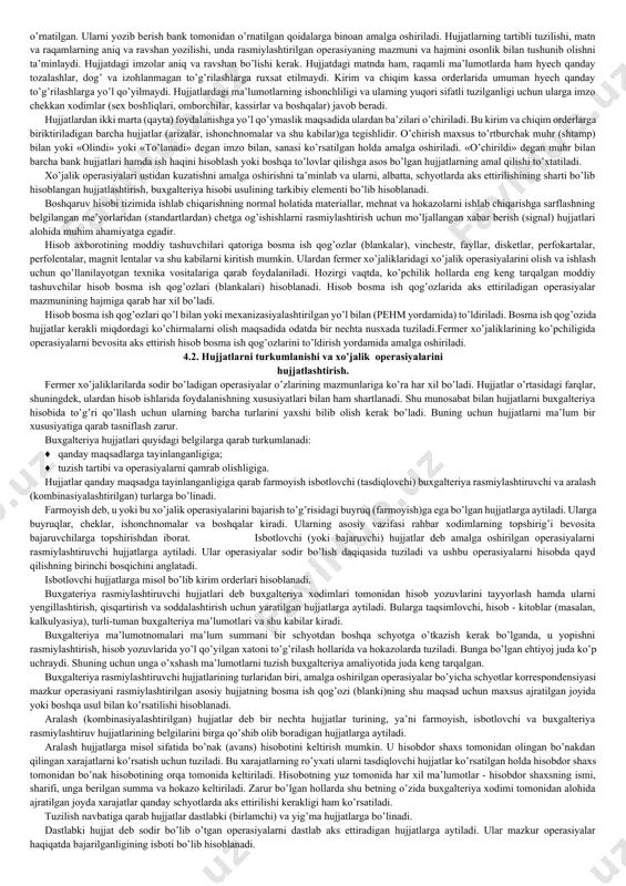 demak, hujjatlashtirish nazorat - analitik funksiyalarni bajaradi. mulkni saqlash borasida hujjatlashtirish alohida ahamiyatga egadir. hujjatlar yordamida moddiy - javobgar shaxslar harakatining to’g’riligi kuzatiladi (ular tomonidan boyliklarni olish va berish, xo’jalik operasiyalarini amalga oshirish qoidalariga rioya qilinishi tekshiriladi). hujjatlashtirish o’g’irlik qilish hodisalari, turli suiste’molliklarni oldini olish imkonini ham beradi. hujjatlashtirishning huquqiy (yuridik) ahamiyati juda kattadir. hisobda qayd etilgan hodisalarning to’g’riligini tasdiqlash bilan bir vaqtda, hujjatlar ushbu fermer xo’jaliklari bilan boshqa tashkilotlar va shaxslar o’rtasida yuzaga kelgan kelishmovchiliklarda inkor qilib bo’lmaydigan dalolatnoma bo’lib hisoblanadi. har bir hujjat shunday rasmiylashtirilgan bo’lishi kerakki, unda amalga oshirilgan operasiyalar xaqida to’la - to’kis fikrga ega bo’lish va uning isbotlovchi kuchini ta’minlash uchun zarur bo’lgan barcha ma’lumotlar mavjud bo’lsin. hujjatlarning tarkibiy unsurlari hisoblangan bu ma’lumotlar uning rekvizitlari deb nomlanadi. rekvizit (lotincha reqnistium) - bu kerakli, talab qilinadigan degan ma’noni anglatadi. lekin xar xil hujjatlarning mazmunidagi katta farqlarga qaramasdan, xar qanday operasiyani buxgalteriya hisobida aks zttirish uchun zarur …