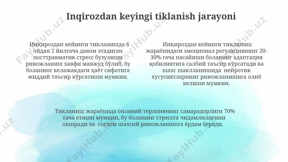 rning har biri shaxsiyat rivojiga turlicha ta'sir ko'rsatadi. oilaviy zo'ravonlik yoki ota-onalarning ajrashishi kabi 20% hollarda kuzatiladigan og'ir ruhiy travmalar, bolaning xulq-atvorida, o'ziga bo'lgan ishonchida va kelajakdagi munosabatlarida uzoq muddatli salbiy oqibatlarga olib kelishi mumkin. bolalik davrida yuz bergan qattiq jismoniy kasalliklarning 15% hollari (masalan, og'ir infektsiyalar yoki shikastlanishlar) bolaning ruhiy-hissiy rivojlanishiga jiddiy ta'sir ko'rsatib, qo'rquv va tashvish kabi his-tuyg'ularni keltirib chiqarishi mumkin. oldini olish choralari psixologik travmalarni boshdan kechirgan bolalarda (masalan, zo'ravonlik, e'tiborsizlik) 30-40% hollarda o'ziga xos himoya mexanizmlari shakllanadi, bu esa ularning keyingi hayotlarida moslashuvchanlik qobiliyatlariga ta'sir qiladi. bolalikdagi inqirozlar 25% gacha bo'lgan shaxslarning xarakterining shakllanishiga sezilarli ta'sir ko'rsatishi mumkin, bu esa keyinchalik turli xil ruhiy kasalliklar xavfini oshiradi. o'tkir stressli voqealar, masalan, ota-onalarning ajrashishi yoki yaqin kishining o'limi, 5-7 yoshgacha bo'lgan bolalarda shaxsiyatning notekis rivojlanishiga olib kelishi mumkin, bu esa himoya mexanizmlarining buzilishiga olib keladi. shaxsiyat shakllanishining asosiy bosqichlari 3-7 yosh oralig'ida o'z-o'zini anglash va ijtimoiy rolni …