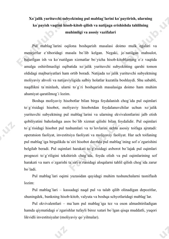 l tushumlari va to`lovlarini uchta asosiy toifaga ajratadi: operatsion faoliyat, investitsiya faoliyati va moliyaviy faoliyat. har uch toifaning pul mablag`iga birgalikda ta`siri hisobot davrida pul mablag`ining sof o`zgarishini belgilab beradi. pul oqimlari harakati to`g`risidagi axborot bo`lajak pul oqimlari prognozi to`g`riligini tekshirish chog`ida, foyda olish va pul oqimlarining sof harakati va narx o`zgarishi ta`siri o`rtasidagi aloqalarni tahlil qilish chog`ida zarur bo`ladi. pul mablag`lari oqimi yuzasidan quyidagi muhim tushunchalarni tasniflash lozim: pul mablag`lari – kassadagi naqd pul va talab qilib olinadigan depozitlar, shuningdek‚ bankning hisob-kitob, valyuta va boshqa schyotlaridagi mablag`lar. pul ekvivalentlari – ma`lum pul mablag`iga tez va oson almashtiriladigan hamda qiymatidagi o`zgarishlar tufayli biroz xatari bo`lgan qisqa muddatli, yuqori likvidli investitsiyalar (moliyaviy qo`yilmalar). pul oqimlari – pul mablag`lari hamda ular ekvivalentlarining oqimi (tushumi) va chiqimi (sarflanishi, chiqishi)dan iborat. pul oqimlari to`g`risidagi hisobot – hisobot davrida pul mablag`i oqimlarini batafsil ko`rsatuvchi ko`rsatkichlar yig`indisi. operatsion faoliyat – xo`jalik yurituvchi subyektning daromad keltiruvchi asosiy …