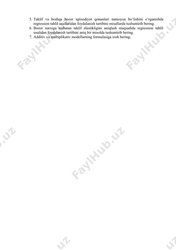 h uchun qо‘shimcha tadqiqotlar о‘tkazish talab etiladi. shuning uchun qator darajalarining avtokorrelyatsiya koeffitsiyenti va avtokorrelyatsiya funksiyasini dinamik qatorlarda trend komponentalari (t) va davriy (siklik) komponentalar (s) ni mavjud yoki mavjud emasligini aniqlashda foydalanish maqsadga muvofiq. nazorat uchun savollar 1. vaqtli qatorlar variatsion qatorlardan qanday xususiyatlari va alomatlari bilan farq qiladilar? 2. vaqtli qatorlarni qanday usullar bilan tekislash mumkin? 3. о‘rtacha sirg‘aluvchan usul nima va qachon qо‘llanadi? 4. vaqtli qatorlarda korrelyatsion-regression tahlil usullarini qо‘llash shart-sharoitlarini tushuntirib bering? 5. taklif va boshqa bozor iqtisodiyot qonunlari namoyon bо‘lishini о‘rganishda regression tahlil usullaridan foydalanish tartibini misollarda tushuntirib bering. 6. bozor narxiga nisbatan taklif elastikligini aniqlash maqsadida regression tahlil usulidan foydalanish tartibini aniq bir misolda tushuntirib bering. 7. additiv va multiplikativ modellarning formulasiga izoh bering. _1698761842.unknown _1698761843.unknown _1698761844.unknown _1698761845.unknown _1698761846.unknown _1698761847.unknown _1698761848.unknown _1698761849.unknown _1698761850.unknown _1698761851.unknown _1698761852.unknown _1698761853.unknown _1698761854.unknown _1698761855.unknown _1698761856.unknown _1698761857.unknown _1698761858.unknown _1698761859.unknown _1698761860.unknown _1698761861.unknown _1698761862.unknown _1698761863.unknown _1698761864.unknown _1698761865.unknown _1698761866.unknown _1698761867.unknown _1698761868.unknown _1698761869.unknown ( ) …