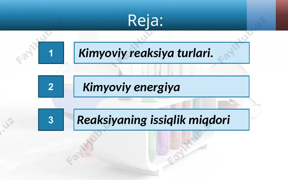 energiyasi farqi bilan aniqlanadi va kilojoullarda (kj) ifodalanadi. kimyoviy reaksiyalar davomida issiqlik (energiya) chiqishi yoki yutilishiga qarab ham ekzotermik va endotermik reaksiyalarni farqlash mumkin. ekzotermik endotermik issiqlik (energiya) yutilishi bilan boradigan reaksiyalar endotermik (endo – ichkari) reaksiyalar deb ataladi. bu reaksiyalarda issiqlik miqdori «–» (minus) ishora bilan ko‘rsatiladi: n2 + o2 = 2no – 181 kj; 3o2 = 2o3 – 289 kj. image2.jpg image3.jpeg image4.jpeg image5.jpeg image6.jpeg image7.jpeg image8.jpeg image9.jpeg image10.jpeg image11.jpeg image12.jpeg image13.jpeg image14.jpeg image15.jpeg image16.jpeg image17.jpeg image18.jpeg image19.jpeg image20.jpeg image21.jpeg image1.jpg