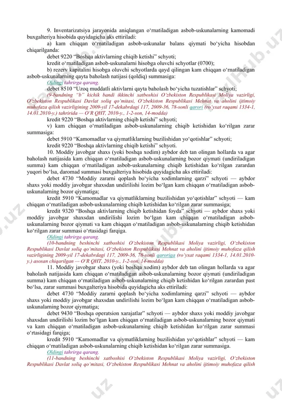 izatsiya jarayonida aniqlangan asosiy vositalar kamomadi va ortiqchasining buxgalteriya hisobi (paragraf nomi o‘zbekiston respublikasi moliya vazirligi, o‘zbekiston respublikasi davlat soliq qo‘mitasi, o‘zbekiston respublikasi mehnat va aholini ijtimoiy muhofaza qilish vazirligining 2009-yil 17-dekabrdagi 117, 2009-36, 78-sonli qarori (ro‘yxat raqami 1334-1, 14.01.2010-y.) tahririda — o‘r qht, 2010-y., 1-2-son, 14-modda) 4. inventarizatsiya jarayonida aniqlangan asosiy vositalarning kamomadi buxgalteriya hisobida quyidagicha aks ettiriladi: a) kam chiqqan asosiy vositaning boshlang‘ich qiymati hisobdan chiqarilganda: debet 9210 “asosiy vositalarning chiqib ketishi” schyoti; kredit asosiy vositalarni hisobga oluvchi schyotlar (0100); b) kam chiqqan asosiy vositaga hisoblangan amortizatsiya summasi hisobdan chiqarilganda: debet asosiy vositalarning eskirishini hisobga oluvchi schyotlar (0200); kredit 9210 “asosiy vositalarning chiqib ketishi” schyoti; v) rezerv kapitalini hisobga oluvchi schyotlarda qayd qilingan kam chiqqan asosiy vositaning qayta baholash natijasi (qoldiq) summasiga: oldingi tahrirga qarang. debet 8510 “uzoq muddatli aktivlarni qayta baholash bo‘yicha tuzatishlar” schyoti; (4-bandning “v” kichik bandi ikkinchi xatboshisi o‘zbekiston respublikasi moliya vazirligi, o‘zbekiston respublikasi davlat …