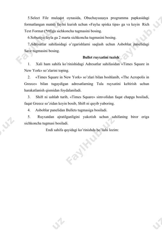 p qiling. 4. insert menyusida shakllantirish uchun punkt ,keyin form tugmasi bosiladi. formani sozlash. 1. xali ham submit tugmasidan chapda turgan kursor bilan asboblar panelidagi center tugmasi bosiladi va formaga bir qancha joy kushish uchun enter bosiladi. 2. kursorni forma boshiga keltirish uchun klaviaturadagi «vverx» yunalishi bosiladi. 3. birinchi chiziqda ismingizni yozing va shift+enter ni bosing. 4. shakllantirish uchun insert menyusida punkt, one – line text boxga bosing va enter tugmasi bosiladi. 5. keyingi liniyada elektron pochta adresi teriladi: va kiska matnli maydon uchun o’rnatish formasi. 6. keyingi liniyada sayoxat rejasi teriladi:va matnli maydonni harakatlantirish uchun o’rnatish formasi. text box properties muloqot oynasini harakatlantirishda simvollardagi kenglikni 30 ga va chiziq raqamini 5 ga o’zgartiring va ok tugmasini bosing 7.adresatlar sahifasidagi o’zgartirishlarni saqlash uchun asboblar panelidan save tugmasini bosing. endi sahifa quyidagi ko’rinishda bo’lishi kerak. (rasm 7.5) web-sayt yaratilgandan sung, saytni tarmokda e`lon qilishning 5 qoidasiga rioya qilishni tavsiya qilamiz. 1 …