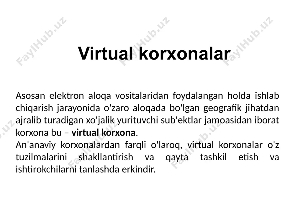 lib, moddiy, mehnat, intellektual va moliyaviy resurslarni isrof qilishga olib keladi. an'anaga ko'ra, kompaniyalar butun ta'minot zanjiriga egalik qilish orqali o'z operatsiyalarini boshqarishga va operatsion samaradorlikni oshirishga harakat qilishdi. bu axborot oqimining uzluksizligini ta'minlashning yagona yo'li edi, ichki jarayonlarni optimallashtirishga imkon berdi, tashkilotni barcha bo'limlar ustidan to'liq nazorat qilishni ta'minladi. ushbu yondashuv o'tmishda muvaffaqiyatli ekanligini ko'rsatdi. ammo uning bir qator kamchiliklari ham bor: juda katta kapital talab qiladi kompaniyalarni o‘z kuchlarini asosiy ixtisoslashuvi bo‘lmagan sohalarga yo‘naltirishga majbur qiladi tarmoq texnologiyalari sezilarli darajada kamroq pul evaziga uzluksiz axborot oqimlarini tashkil qilish imkonini beradi. korxonalar endi ta'minot zanjiriga egalik qilishlari shart emas, chunki ular zanjirning alohida qismlarida ishlaydigan hamkorlarning tajribasi va bilimlaridan to'liq foydalanishlari mumkin. internet biznes uchun katta imkoniyatlar yaratadi. korxona nazariyasida virtual ta'rifi muhim tushunchaga aylandi. korporativ virtualizatsiya maydonining uchta asosiy komponenti virtual bozor virtual reallik virtual (tarmoq) tashkiliy shakllari hozirgi vaqtda bir korxona chegarasidan tashqariga chiqadigan ko'plab tarmoqlar mavjud. …
