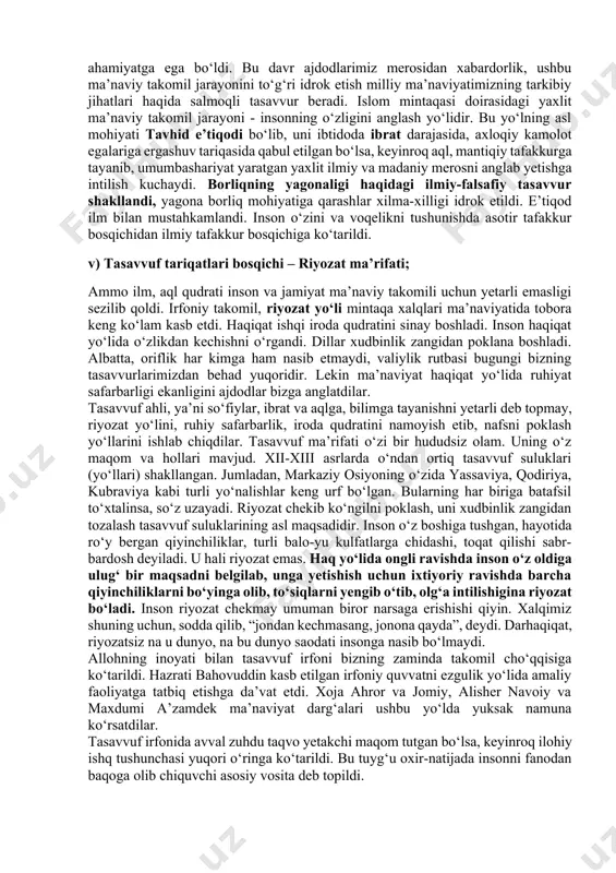 stidan hukm o‘rnatishi, inson ma’naviy halokatining ibtidosidir. b) islom ma’rifatchiligi bosqichi – ilm ma’rifati; ma’rifatning yana bir buyuk o‘chog‘i ilmdir. ilmni shaxs kamolotining ikkinchi bosqichi deb hisoblash mumkin. agar bolaning ilk tarbiyasi ko‘proq atrofidagi kattalardan o‘rganish, o‘qigan-eshitgan ertak qahramonlaridan ibrat olish asosida bo‘lsa, o‘smir yoshiga o‘tishidan uning shuurida hayot hodisalariga tahliliy yondoshuv uyg‘onadi. maktabda ham shu sababli alohida fan asoslaridan ta’lim berish 6-7 sinflardan boshlanadi. maxsus ilmlarga chuqur kirib borish esa oliy o‘quv yurtlarida amalga oshiriladi. demak, ilmiy tafakkurning shakllanishi balog‘at yoshi bilan bog‘liq. albatta, hayotga ilm asosida yondoshuv barchada bir xil darajada bo‘lish qiyin. haqiqiy ilmga qobillik alohida iste’doddir. ilm - tafakkur bilan bo‘ladi, axborot yig‘ish ilmga tayyorgarlik bo‘lishi mumkin, undan ortiq emas. ilm - asli ajdodlar ibratidir, o‘tganlar, biz ko‘rmaganlar haqida xabar orqali ibratdir. payg‘ambarimiz hayoti - ibrat, imom al-buxoriy hayoti va faoliyati ibrat, “jome’ as-sahih“ kitobi esa ilmdir. forobiyning ilm yo‘lidagi fidoiyligi ibrat, “fozil shahar fuqarolarining qarashlari” …