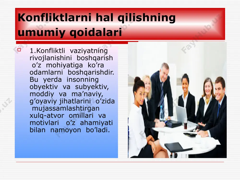 cha yillarga davomli cho’zilib, ko’pchilikka aziyat keltirgan konfliktlarni ham hamma uchun qoniqarli yechimga olib kelsa bo’ladi. biroq bunday vaziyatlarda konfliktda ishtirok etayotgan barcha tomonlardan konflikt yechimiga tayyorlik, uning mazmunini muhokama etishga hozirlik, kompromisslarni to’g’ri va achinmay qabul qilish, norozilikka rozilik, layoqatlilik, o’z so’zida turish kabilar talab etiladi konflikt signallari inqiroz tomonlar orasidagi tanglik tushunmovchilik insidentlar diskomfort inqiroz agar biror kishi o’zining do’sti, hamkori, yoki tanishi bilan o’z munosabatlarini birdaniga va sababsiz uzib qo’ysa, u bilan gaplashishidan o’zini saqlasa, hafa bo’lib yursa, uni turli qarama-qarshi fikrlar qiynasa, bu - konfliktdagi inqirozning vujudga kelganligiga ishoradir bu holatlar inqiroz, yoki hal etilmagan o’ziga xos konflikt belgilari hisoblanadi bundan tashqari zo’ravonlik, tahdid, shantaj, juda qattiq bahs yuritish, bahsda tomonlarning bir-birini ayamasligi ham inqiroz vaziyatining ko’rinishlari hisoblanadi. inqirozni ko’rsatuvchi yorqin belgilardan biri kishi o’z emosiyalarini ushlab tura olmasligi, o’z emosiyalari va xis-tuyg’ulariga erk berishi, so’kishish, yomon so’zlar ishlatish, birovni tahqirlash kabilardir bu vaziyatlarda tezda inqirozning …