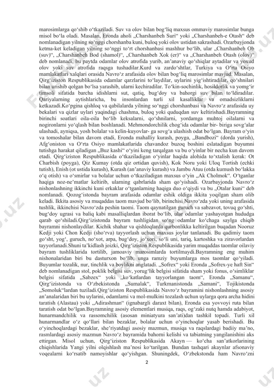 moo novrouz u uxlab ѐtganida kelib ketadi. bu voqea har yili takrorlanaveradi. bu afsonalar eskirgandek tuyulsa ham, ular bugungi kunda madaniyatimizda uchrab turadi. ertaklar, epik sheʼrlar, „navroʻz sheʼrlari“ deb nomlanadigan mumtoz sheʼrlar bilan birga, bugungi kunda navroʻz marosimidan oldin va keyin kitob, jurnal, internetda chop etilgan shoirlar va radio, televidenieda yangraydigan musiqa: qadimgi va mumtoz eron musiqasida maxsus kuylar va qoʻshiqlar mavjud boʻlib, ular „naz-e novrouz“, „yaad-e novrouz“, „novrouz-e xordak“, „novrouz-e xara“ i „novrouz-e saba“ deb nomlanadi. usmonli turk imperiyasida ham shunga oʻxshash kuy va musiqalar yang- ragan. boshqa navroʻzlarda bu marosimga aloqador koʻpgina kuy va musiqalarmavjud.„navroʻz“,„muborakbod“,„shohmoylar“, „sumalak“, „boychechak“, „binafsha“ kabi folʼklor ashulalalari oʻzbekistonda bugungi kunda ham mashhur. hozirda mahalliy, milliy va hatto millatlararo konsertlarda kuylanadigan navroʻz kuy-qoʻshiqlari mavjud. bundan tashqari, „mulla mamajon“ afgʻon qoʻshigʻi juda mashhur boʻlib, mozori sharifda, eron, tojikistonda ham kuylanadi. barcha navroʻzlarda mahalliy va anʼanaviy raqslar mavjud boʻlib, ular etnik guruhlar tomonidan ijro etiladi, ozarbayjon va …
