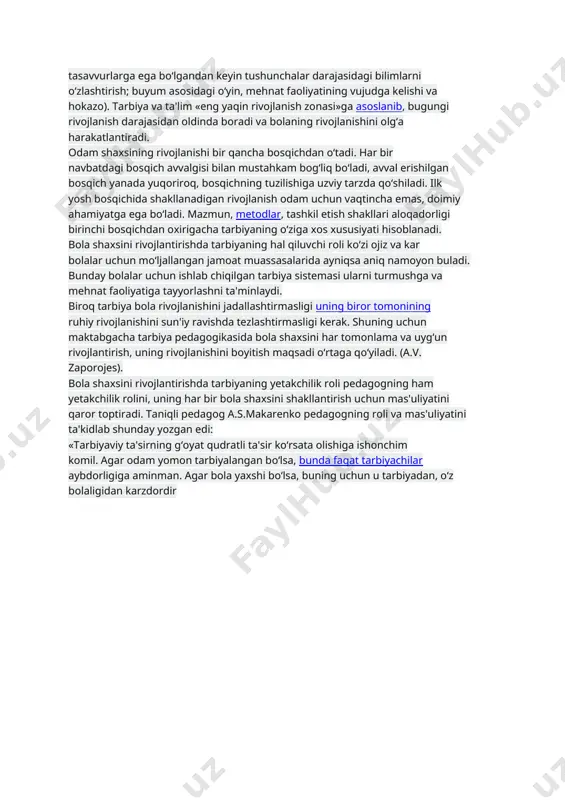 a olinadi. shu munosabat bilan tarbiya jarayonining o‘zi doimiy bo‘lib qolmaydi. u o‘zgarib boradi: uning mazmuni boyiydi va murakkablashadi, shakllari o‘zgaradi, o‘sayotgan odam shaxsiga ta'sir ko‘rsatish usullari tobora xilma-xil bo‘lib boradi. tarbiyaning o‘zgarishi bolaning «eng yaqin rivojlanish zonalari» (l. s. vigotskiy) bilan bog‘lik bo‘lib, ular ancha murakkab mazmundagi bilimlar, ko‘nikmalar, faoliyat turlari va hokazolarni o‘zlashtirishga ruhiy-fiziologik imkoniyatlar paydo bo‘lishi bilan ajralib turadi (masalan, emaklashdan keyin yurish; bijir-bijirdan keyin faol nutqni o‘zlashtirish; ancha miqdordagi tasavvurlarga ega bo‘lgandan keyin tushunchalar darajasidagi bilimlarni o‘zlashtirish; buyum asosidagi o‘yin, mehnat faoliyatining vujudga kelishi va hokazo). tarbiya va ta'lim «eng yaqin rivojlanish zonasi»ga asoslanib, bugungi rivojlanish darajasidan oldinda boradi va bolaning rivojlanishini olg‘a harakatlantiradi. odam shaxsining rivojlanishi bir qancha bosqichdan o‘tadi. har bir navbatdagi bosqich avvalgisi bilan mustahkam bog‘liq bo‘ladi, avval erishilgan bosqich yanada yuqoriroq, bosqichning tuzilishiga uzviy tarzda qo‘shiladi. ilk yosh bosqichida shakllanadigan rivojlanish odam uchun vaqtincha emas, doimiy ahamiyatga ega bo‘ladi. mazmun, metodlar, tashkil …