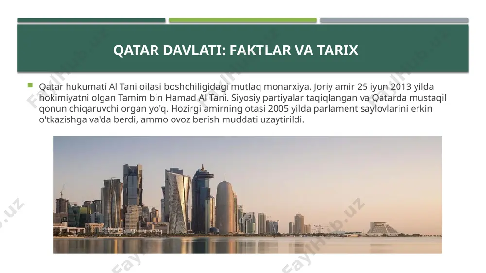 idir. janubi-sharqda baland qumli tepaliklar khor al-adaid deb ataladigan fors ko'rfaziga yoki "ichki dengiz" ga tegishli. eng baland nuqta - tuwayyir al hamir, 103 metr (338 fut) masofada. eng past nuqta - dengiz sathi. iqtisodiyot qashshoqlik va marvarid sho'ng'iniga bog'liq bo'lganidan so'ng, qatar iqtisodiyoti endi neft mahsulotlariga asoslangan. darhaqiqat, bu uyqusiruvchi xalq endi erdagi eng boy odamdir. uning aholi jon boshiga to'g'ri keladigan yalpi ichki mahsuloti 102,1 ming dollarni tashkil etadi (nisbatan qo'shma shtatlarning jon boshiga to'g'ri keladigan yaim hajmi 52,800 aqsh dollarini tashkil etadi). qatarning boyligi asosan suyultirilgan gaz eksporti bo'yicha asoslanadi. ishchilarning 94 foizini hayratga soluvchi xorijlik muhojirlar asosan neft va qurilish sohalarida ishlaydilar. odamlar, ehtimol, kamida 7,500 yil davomida qatarda yashagan bo'lishi mumkin. erta yashovchilar, qatarisga o'xshagan tarixga ega bo'lib, ularning hayotlari uchun dengizga tayangan. arxeologik kashfiyotlar orasida mesopotamiyadan sotilgan bo'yalgan keramikler, baliq suyaklari va tuzoqlari va chinni buyumlar mavjud. 1700-yillarda, arab muhojirlari qatar qirg'og'ida marvaridli sho'ng'inni …