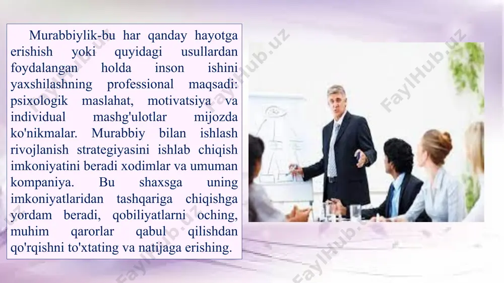 irib chiqargan sabablarni o'rganadi va o'tmish bilan shug'ullanadi. ko'p jihatdan, u shaxsning ongsiz qismi bilan ishlaydi, murabbiylik tez-tez bizning "men" ning ongli qismi bilan ishlaydi - bu uning ekologik tozaligi. murabbiylik "men aslida nimani xohlayman va nima qilishim kerak" degan savolga javob berishga yordam beradi natijaga erishish uchun nima qilish kerak?». u har doim mijozni suvga cho'mmasdan maqsadga olib boradi muammo, lekin faqat echimlarni yaratish. ushbu jarayonlardan farq qilishiga qaramay, hech qanday holatda murabbiylik qilish mumkin emas ularga qarshi turing. psixoterapevt, maslahatchi, biznes-murabbiyning ishida murabbiylik bo'lgani kabi, murabbiylikda ham turli yo'nalishdagi elementlar, texnikalar, treninglar mavjud, tuzatish, maslahat, odamlarni boshqarish variantlari. professional murabbiylik etakchi kabi texnikalarni o'z ichiga oladi mijozga yordam beradigan parafrazlash, tinglash, savollar berish, aniqlashtirish istiqbolni o'zgartiring va kerakli maqsadga erishish uchun yangi yondashuvlarni ko'ring. bunda ma'noda murabbiylik-bu mijozga eng ko'p yordam beradigan" meta-kasb" urli sohalarda. hayot murabbiyligi kabi yo'nalish keng vositalar to'plamidan foydalanadi va boshqa fanlardan (psixologiya, nevrologiya …