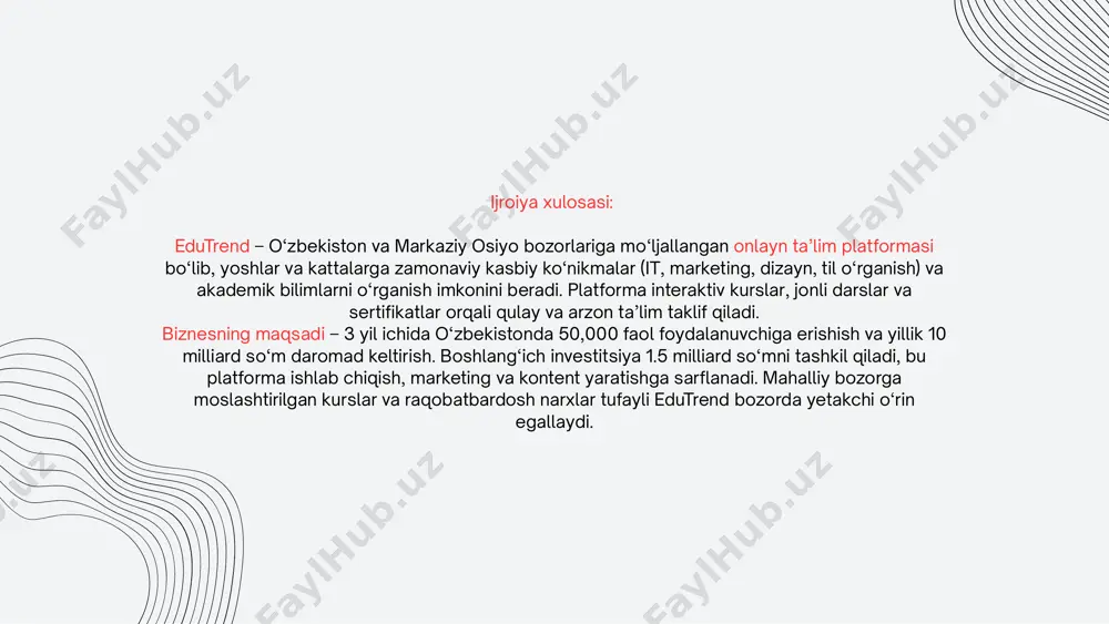 bank ma’lumotlari), bu esa onlayn ta’lim uchun katta potentsialni ko‘rsatadi. bozor tahlili raqobatchilar: najot ta’ l im: mahall iy bozorda yetakchi, lekin kurs narxlari o‘rtacha 1-3 mil l ion so‘m. coursera, udemy: xalqaro platformalar, lekin o‘zbek ti l idagi kontent cheklangan. zafer: kichikroq mahall iy platforma, lekin kurslar soni va sifati pastroq. raqobatbardosh ustunliklar: o‘zbek va rus ti l laridagi sifatl i kontent. mahall iy mutaxassislar tomonidan ishlab chiqilgan kurslar. arzon narxlar (oylik obuna 50,000-100,000 so‘m). mobil i lova va ai asosidagi shaxsiy o‘quv rejasi . asosiy xizmat: onlayn kurslar : it (dasturlash, veb-dizayn) , raqamli marketing, biznes boshqaruvi , ingl iz t i l i . jonl i darslar : haftal ik vebinarlar va mentorlar bi lan sessiyalar . sert if ikat lar : kursni muvaffaqiyatl i tugatganlar uchun rasmiy sert if ikat . korporativ ta’ l im: kichik va o‘rta bizneslar uchun xodimlarni o‘qit ish paketlar i . …