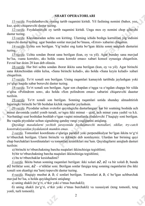 zichligini aniqlovchi va konsolga chiqaruvchi dasturtuzilsin. 12-vazifa. ma’lum bir davlatda yashovchilar soni va uning hududi maydoni ma’lum. bu davlatdagi aholi zichligini aniqlovchi dastur tuzilsin. 13-vazifa. kiritilgan radiusda aylana diametri va uzunligini, doira yuzasini topish uchun konsol ilovasi yozilsin. 14-vazifa. uchburchakning tomonlari uzunliklari berilgan boʻlsa, uning perimetri va yuzasini hisoblash dasturi tuzilsin. 15-vazifa. uch oʻlchovli fazoda ikki nuqta orasidagi masofani topish konsol ilovasi yaratilsin. natijada kasr qismi mangdan birgacha aniqlikda yaxlitlansin. 16-vazifa. kun doshidan boshlab, soat strelkasi y gradiusga (0 ≤ y 94 5e ^ 126 7e ~ 31 1f us 63 3f ? 95 5f _ 127 7f del amaliy topshiriqlarni bajarishda ihtiyoriy sikldan foydalanish mumkin. dasturni tuzishda foydalanuvchi metodlaridan, massivlardan, try-catch tuzilmasidan foydalanilmasin. dastur berilganlarni konvertatsiyasi xatoligi bilan kritik toʻxtab qolishi kerak emas. 1-vazifa. unicode jadvaliga mos holda va faqat belgilarning kodlaridan foydalangan holda quyidagi soʻzlarni konsol oynasiga chiqarish dasturini tuzing: a) s.t.a.l.k.e.r; b) prosessor; c) kompyuter; d) dasturlash …
