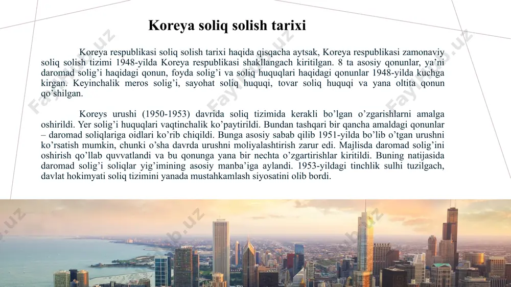 zimi bo‘lib, unda daromad oshgan sari soliq stavkasi ham oshib boradi. ya’ni, kam daromadli odamlar kamroq soliq to‘laydi, yuqori daromad egalari esa ko‘proq soliq to‘laydi. progressiv soliq tizimi janubiy koreya nima uchun progressiv soliq tizimiga tayanadi? janubiy koreya iqtisodiy o‘sish bilan birga jamiyatdagi daromad tengsizligini kamaytirish va davlat xarajatlarini qoplash maqsadida progressiv soliq tizimini tanlagan. 📌 asosiy sabablar: 1️⃣ ijtimoiy adolatni ta’minlash – past daromadli odamlarning yukini kamaytirib, yuqori daromadli kishilardan ko‘proq soliq olish orqali tenglikka erishish. 2️⃣ davlat xarajatlarini qoplash – sog‘liqni saqlash, ta’lim va infratuzilma uchun davlatga katta mablag‘ kerak. boyroq qatlamdan ko‘proq soliq olinishi bu xarajatlarni qoplashga yordam beradi. 3️⃣ iqtisodiy barqarorlik – agar soliqlar barcha uchun bir xil bo‘lsa, kam daromadli odamlar qiyinchilikka uchraydi. progressiv soliq orqali davlat ularning yukini yengillashtiradi. 4️⃣ daromad tengsizligini kamaytirish – koreya tez rivojlangan mamlakat bo‘lgani sababli daromad farqi katta bo‘lishi mumkin. progressiv soliq bu farqni yumshatadi. ✅ shuning uchun janubiy …