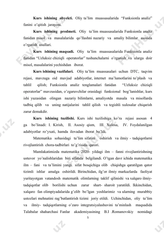 ida matematika darsliklari o’quvchilarning yoshiga nisbatan fanni o’zlashtirish qiyinlashtiruvchi murakkab masalalardan iborat va boshqa fanlarda o’tiladigan mavzular bilan uyg’unlashtirilmagan; uchinchidan, matematikaga qiziquvchan, xalqaro olimpiadalar g’oliblari bo’lgan aksariyat iqtidorli yoshlarimiz hududlardan bo’lishiga qaramasdan ularning kelgusi rivojlanishi uchun oliy ta’lim va ilm- fan sohasida zarur shart – sharoit yaratib berilmagan; to’rtinchidan, matematika sohasidagi ilmiy- tadqiqotning amaliyot va ishlab chiqarish bilan bog’liqligi zaifligicha saqlanib qolmoqda; beshinchidan, sohadagi olimlarning xorijiy ilmiy va ta’lim muassasalari bilan aloqalari milliy matematikani jahon miqyosiga olib chiqish, xalqaro hamjamiyatda nufuzini oshirish uchun yetarli emas. ta’limning barcha bosqichlarida matematika fanini o’qitish tizimini yanada takomillashtirish, pedagoklarning samarali mehnatini qo’lla- quvvatlash, ilmiy- tadqiqot ishlarining ko’lamini kengaytirish va amaliy ahamiyatini oshirish, xalqaro hamjamiyat bilan aloqalarni mustahkamlash, shuningdek, 2017- 2021- yillarda o’zbekiston respublikasini rivojlantirishning beshta ustuvor yo’nalishi bo’yicha xarakatlar strategiyasini “ ilm, ma’rifat va raqamli iqtisodiyotni rivojlantirish yili ” da amalga oshirishga oid davlat dasturida belgilangan vazifalar ijrosini ta’minlash maqsadida. 1. quyidagilar matematika sohasidagi …