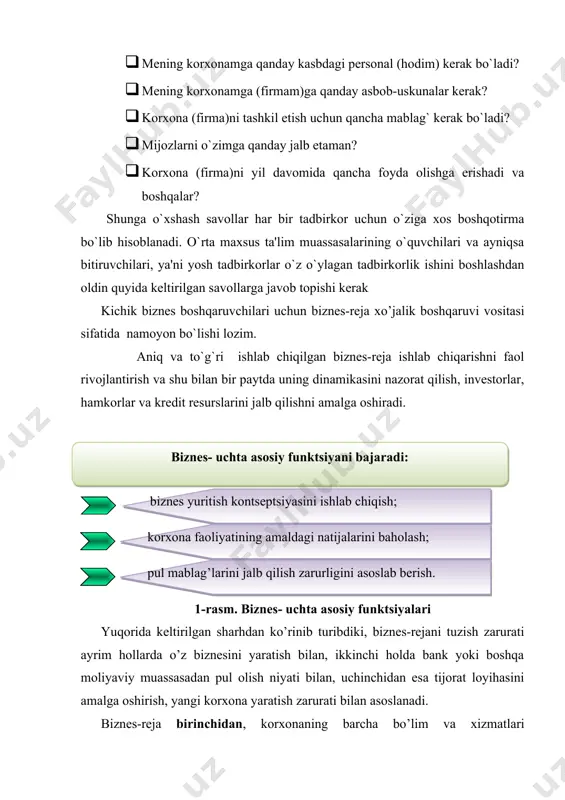 lgilaydi; - biznes faoliyatining tashkiliy boshqaruv tizimini aniqlaydi; - korxonaga investitsiya kiritishni tashkil etish yo’llarini aniqlaydi; - korxonaning bozordagi faoliyati xolati tahlil etadi; - korxona raqobatchilarining faoliyatini o’rganadi. biznes-rejani biron bir qat'iy shakldagi tarkibiy tuzilish talab etilmaydi. u har xil shaklda va tarkibiy tuzilishda bo`lishi mumkin.odatda bunday rejalar 3-5 yil mudadtga tuziladi. tadbirkorlik tomonidan birinchi yildagi olinadigan samara oylar sayin batafsil, keyingi yili - taqvimlar bo‘yicha, keyinchalik yil bo‘yicha hisoblanadi. biznes-reja kerakli tashkilotlar(omonatchilar) tasdig‘idan o‘tgan taqdirda (xissadorlik jamiyati bo‘lsa), birinchi yilga alohida ish vazifalarini ishlab chiqishga asos bo‘ladi. jahon amaliyotida biznes-rejani 5 bo`limdan 18 bo`limgacha yoki 7 betdan 50 betgacha xajmda va tuzilish muddati bo`yicha 1 yildan 5 yilgacha davrda uchratish mumkin. 2-rasm. biznes- -rejani tarkibiy tuzilish shunday qilib, kichik biznes korxonasi faoliyatining kuchli va zaif tomonlarini hisobga oluvchi, mavjud ishlab chiqarish salohiyatidan eng samarali foydalanish va kutilayotgan miqdorda foyda (daromad) olishga yo’naltirilgan real biznes-reja ko’proq muvaffqiyatga erishishi mumkin. 2.biznes-reja …