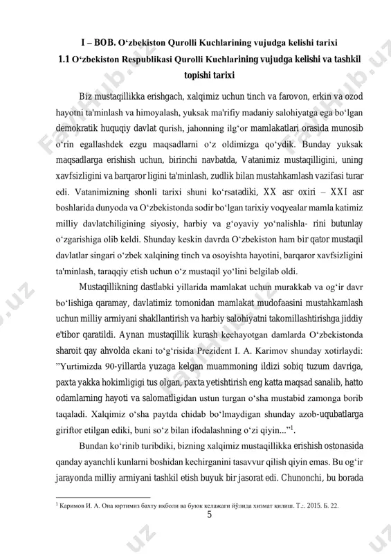 ng shonli tarixi shuni ko‘rsatadiki, xx asr oxiri – xxi asr boshlarida dunyoda va o‘zbekistonda sodir bo‘lgan tarixiy voqyealar mamla katimiz milliy davlatchiligining siyosiy, harbiy va g‘oyaviy yo‘nalishla- rini butunlay o‘zgarishiga olib keldi. shunday keskin davrda o‘zbekiston ham bir qator mustaqil davlatlar singari o‘zbek xalqining tinch va osoyishta hayotini, barqaror xavfsizligini ta'minlash, taraqqiy etish uchun o‘z mustaqil yo‘lini belgilab oldi. mustaqillikning dastlabki yillarida mamlakat uchun murakkab va og‘ir davr bo‘lishiga qaramay, davlatimiz tomonidan mamlakat mudofaasini mustahkamlash uchun milliy armiyani shakllantirish va harbiy salohiyatni takomillashtirishga jiddiy e'tibor qaratildi. aynan mustaqillik kurash kechayotgan damlarda o‘zbekistonda sharoit qay ahvolda ekani to‘g‘risida prezident i. a. karimov shunday xotirlaydi: ”yurtimizda 90-yillarda yuzaga kelgan muammoning ildizi sobiq tuzum davriga, paxta yakka hokimligigi tus olgan, paxta yetishtirish eng katta maqsad sanalib, hatto odamlarning hayoti va salomatligidan ustun turgan o‘sha mustabid zamonga borib taqaladi. xalqimiz o‘sha paytda chidab bo‘lmaydigan shunday azob-uqubatlarga giriftor etilgan ediki, buni so‘z bilan ifodalashning …