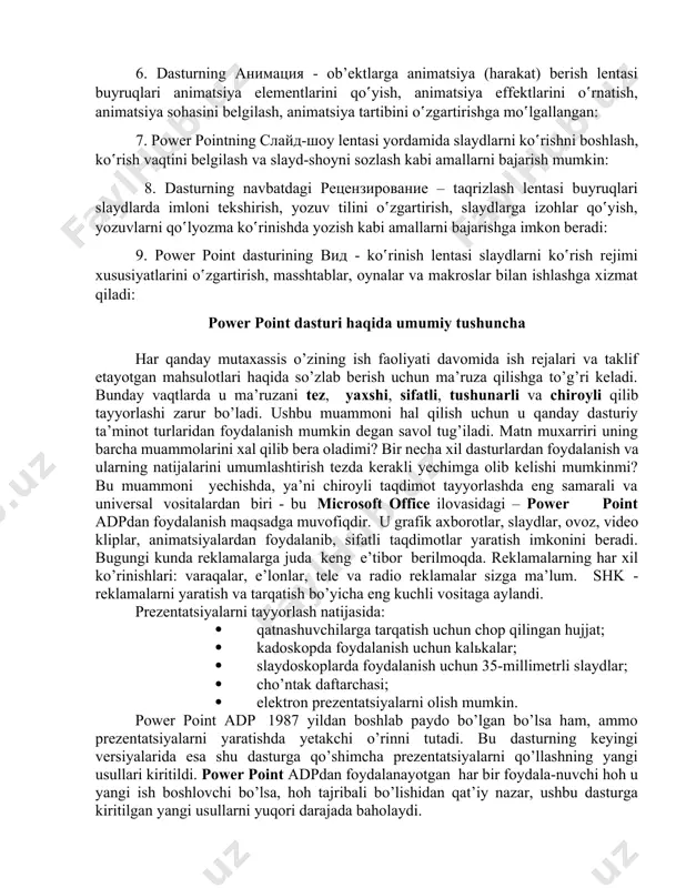 n tashkil topgan: сведения - fayl haqida turli ma’lumotlarni olish; создать – yangi fayl hosil qilish; открыть – mavjud faylni ochish; сохранить – faylni saqlash; сохранить как – faylni boshqa nomda saqlash; печать – faylni chop etish; закрыть – dasturni yopish. 2.dasturning главная - bosh lentasi windows buferi bilan ishlash (буфер обмена), slaydalar yaratish (слайды), slaydlardagi shrift turlari, o‛lchami, ko‛rinishlarini o‛zgartirish (шрифт), abzatslar bilan ustida turli amallar bajarish (абзац), slaydlarga turli shakl va rasmlar qo‛yish (рисование) hamda slaydlarni tahrirlashga (редактирование) imkon beradi: 3. dasturning вставка – qo‛yish, o‛rnatish lentasi slaydlar hosil qilish, jadvallar, shakllar, diagrammalar, havolalar, turli ob’yektli matnlar, izohlar va belgilarni hamda multimedia amallarini (videoyozuv, ovozlarni) slaydlarga qo‛yish uchun zarur bo‛lgan buyruqlardan tashkil topgan: 4. dasturning дизайн – dizayn lentasi yordamida taqdimot mavzusiga mos ko‛rgazmali ko‛rinishlarni tanlash, turli variantlardan foydalanish, slayd o‛lchamini va fonini o‛zgartirish kabi amallarni bajarish mumkin: 5. dasturning переходы - slaydlarga o‛tish lentasi slaydlarni ekranga turli …